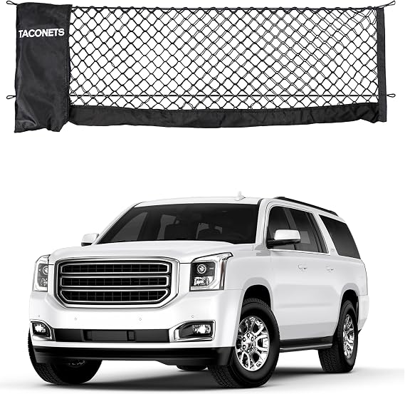 TacoNets Envelope Cargo Net for Suburban | Tahoe | Yukon/XL | Escalade/ESV - Fits 2015-Current - Upgraded 5mm Bungee - Integrated Storage Bag - Heavy Duty Hooks - Designed in USA