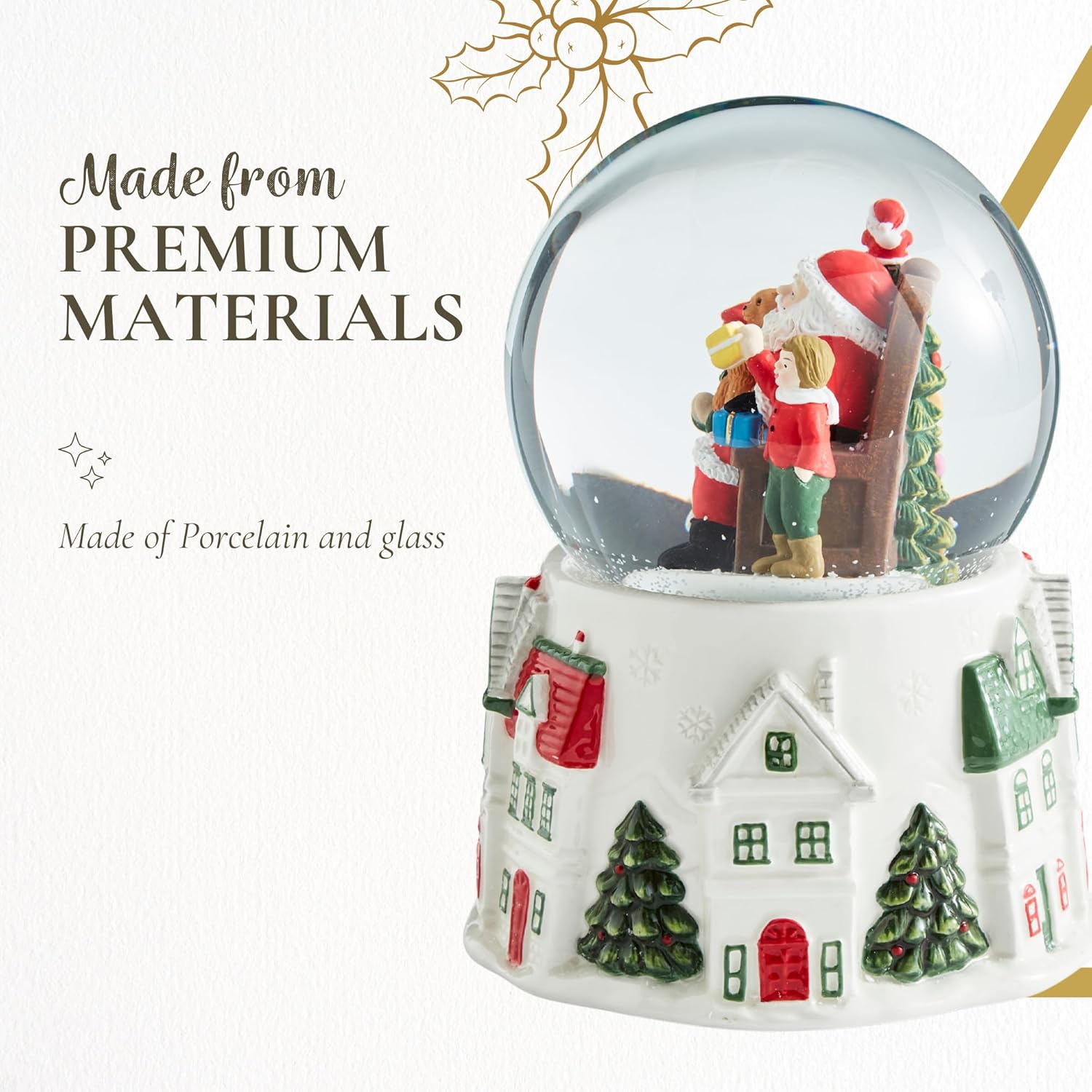 Spode Christmas Village Snow Globe Featuring Santa & Kids – Musical Holiday Snow Globe Decoration with Glass Dome, Light-Up Resin Base Featuring Festive Winter Village House Scene – Great Gift