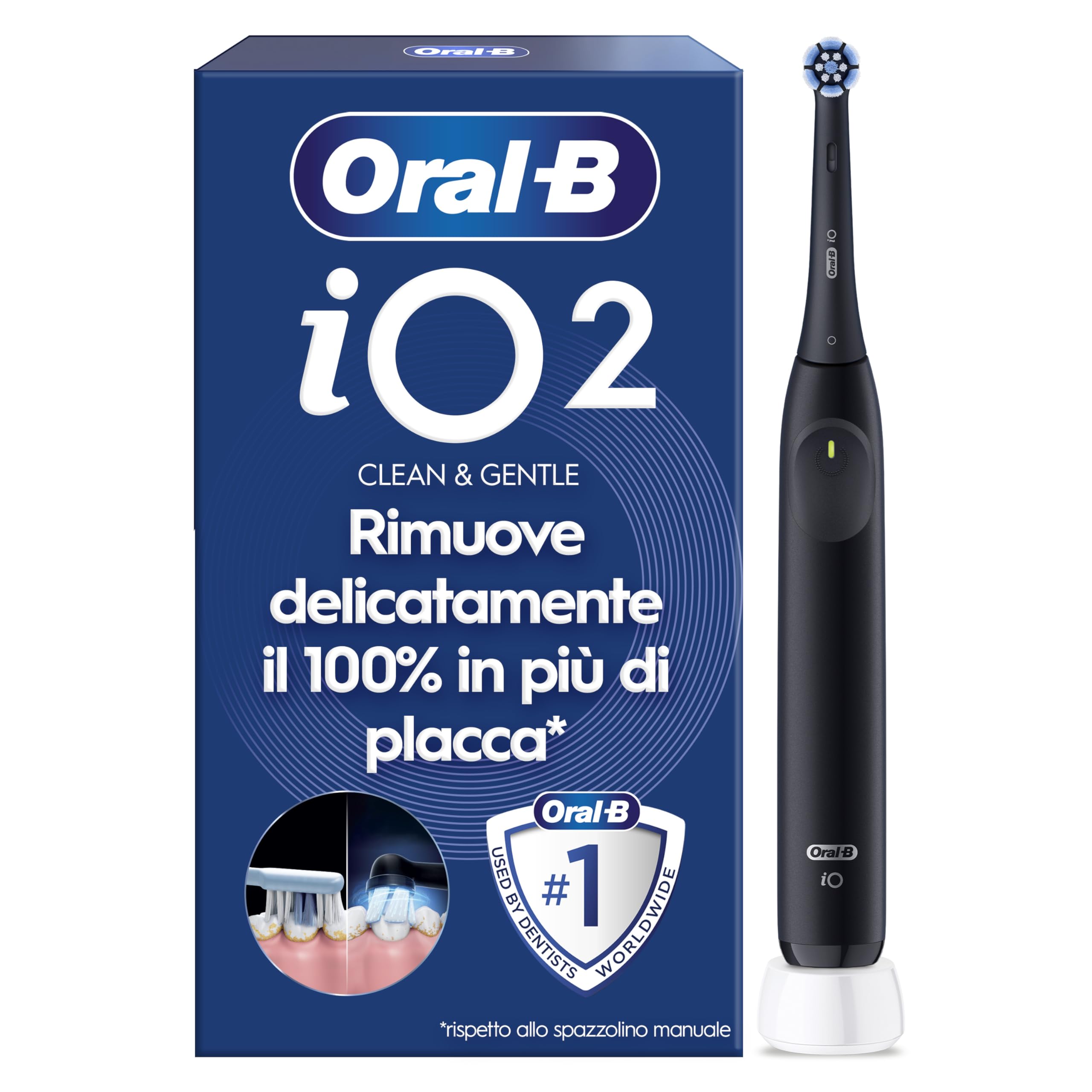 Oral-​B Spazzolino Elettrico iO 2 Nero, 1 Testine Di Ricambio, Spazzolino Elettrico Ricaricabile, Pulizia Denti Efficace, Sensore Di Pressione, Delicato Sulle Gengive