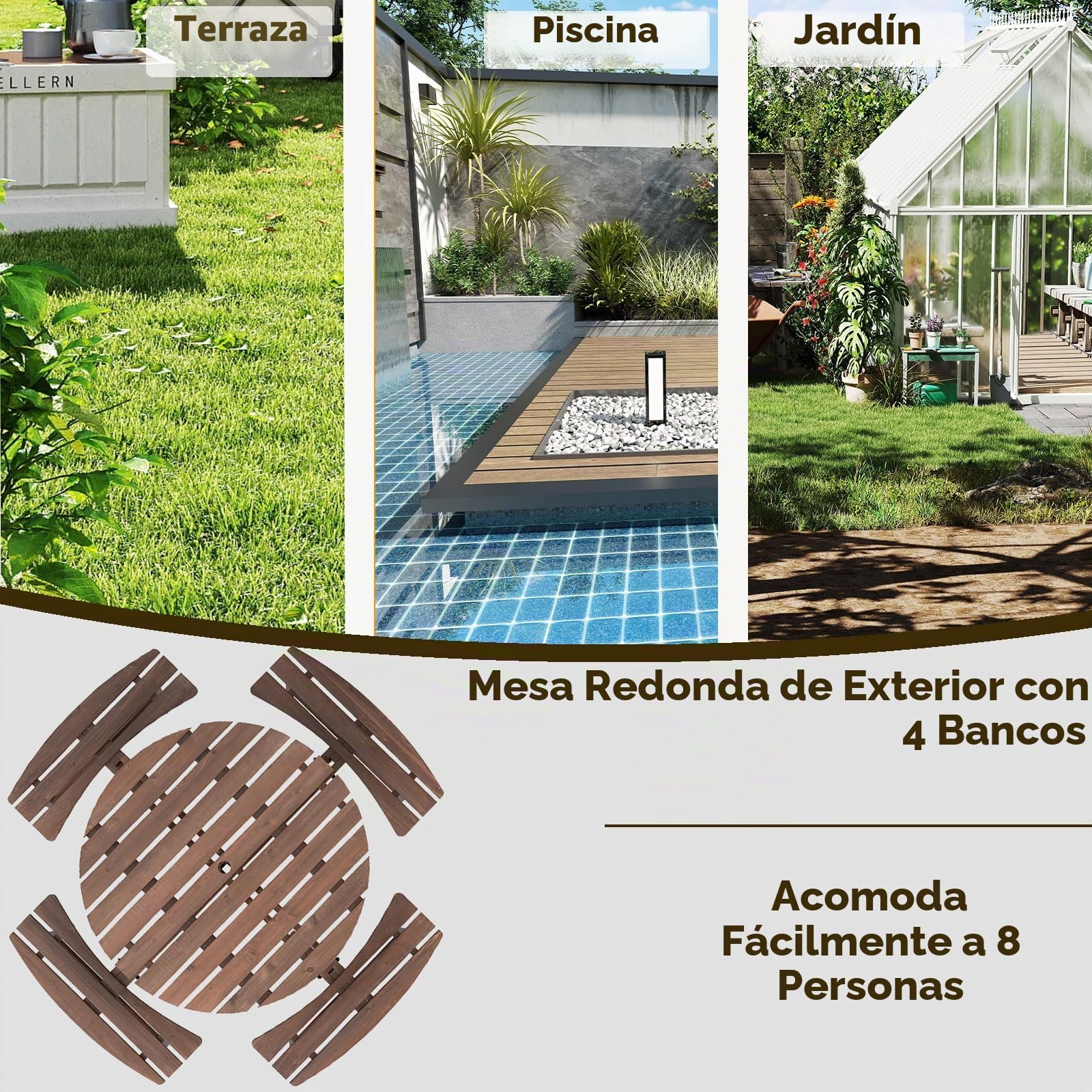 GIANTEX Mesa de Picnic con 4 Bancos para 8 Personas, Mesa de Comedor de Madera de Abeto con Agujero de Sombrilla, 179 x 179 x 70 cm, Juego de Muebles para Patio, Jardín, Terraza (Marrón)