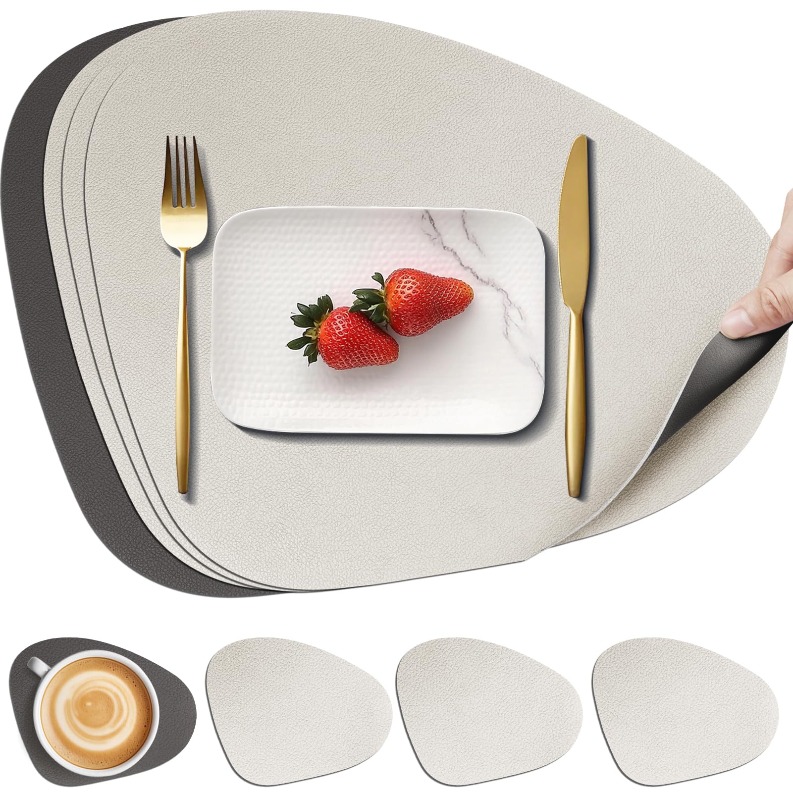 HEYOMART Leather Table Mats and Coasters Sets of 4, Placemat Round PU Waterproof Dual-Sided Kitchen Place Mats Non-Slip Washable Placemats and Coaster, Grey White