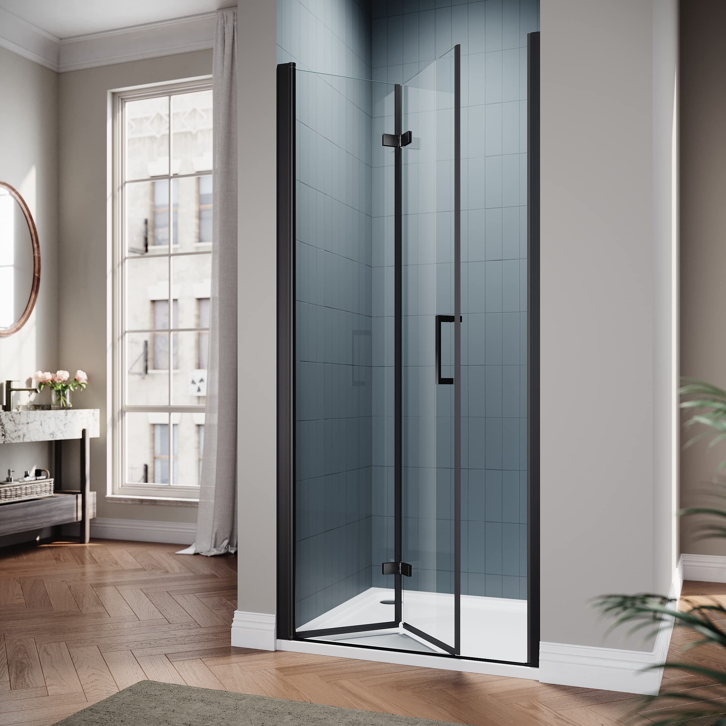 SIRHONA Porte de douche Noir Coulissante 80x195cm Porte de douche Pivotante en Verre Transparent 6mm Securit