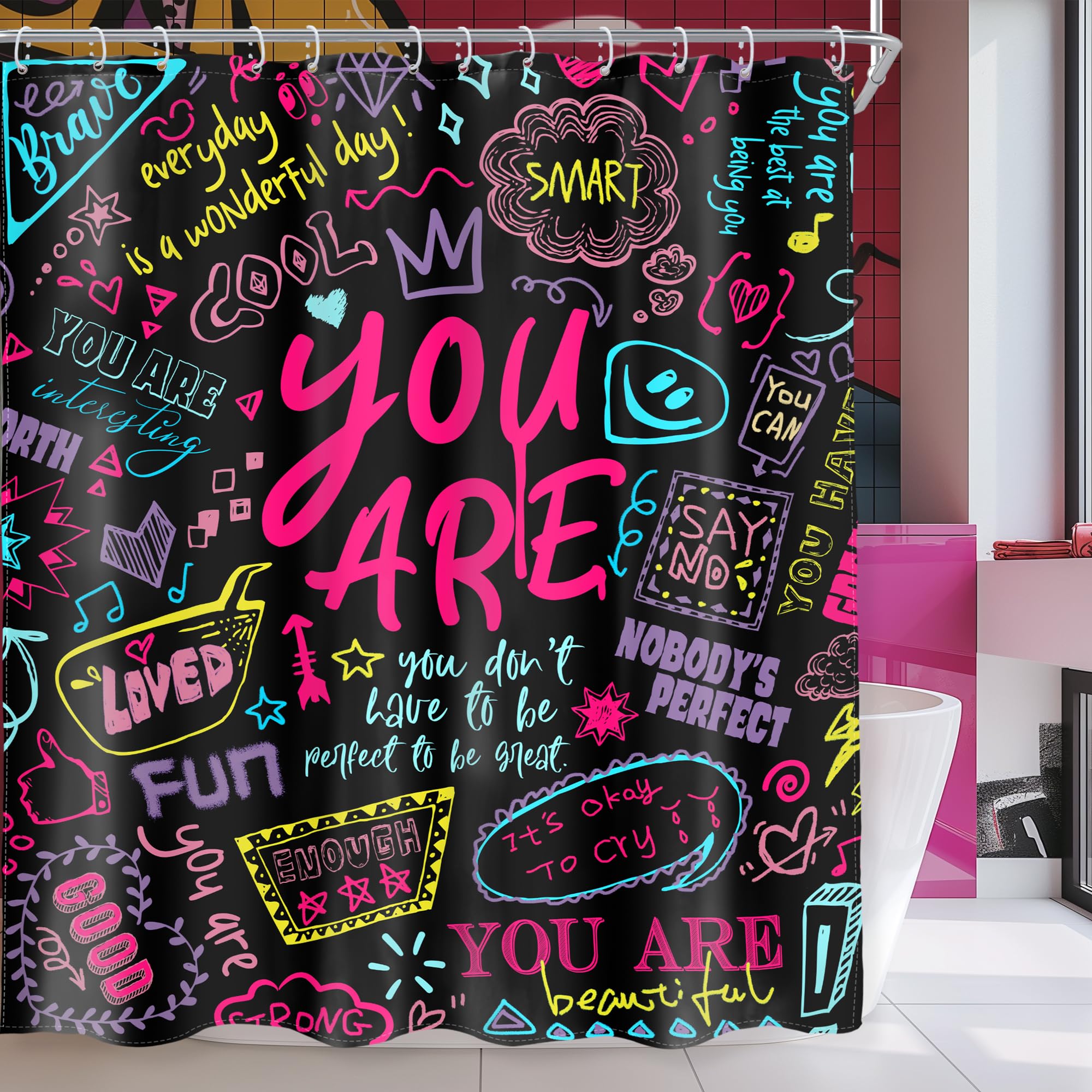 AMBZEK Pink Kids Quotes Shower Curtain 60Wx72L Inch Inspirational Teens You are Motivational Abstract Funny Colorful Artwork Cloth Fabric Waterproof