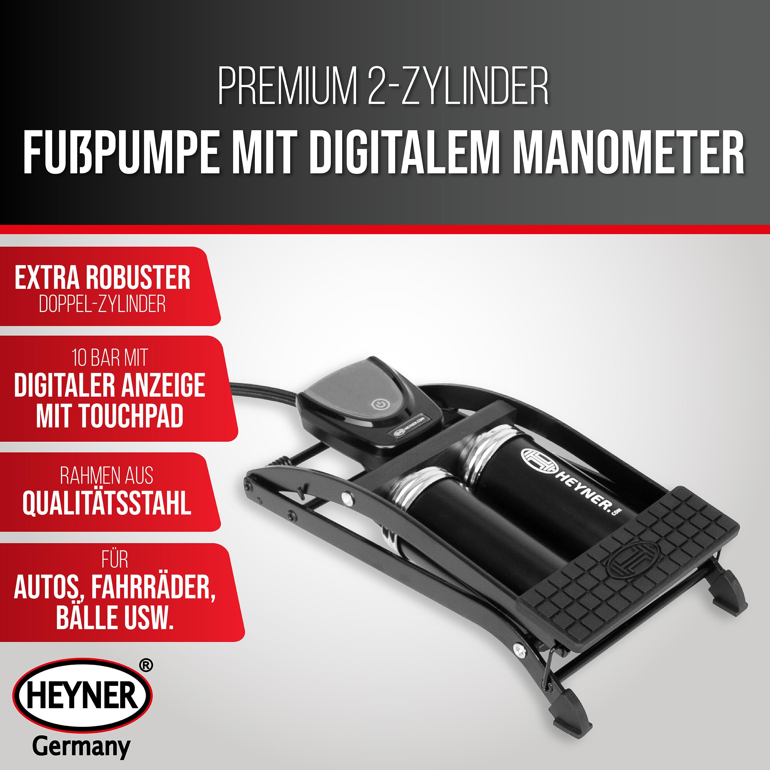 HEYNER® Pompe à air à Pied Double Cylindre manomètre Digital + Sac pédale Max Digital Pro Toutes valves Auto Moto vélo Ballon Portable