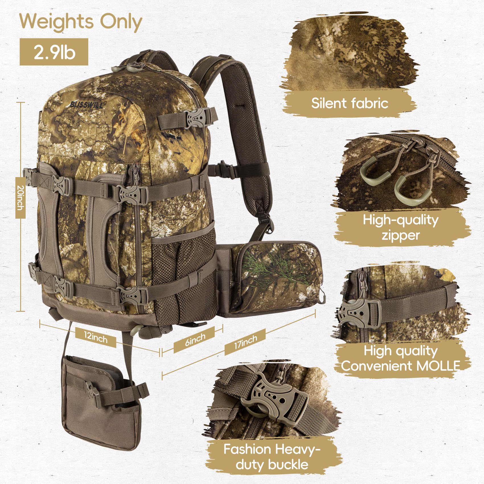 BLISSWILL Jagd-Rucksack, Jagd-Tagesrucksack mit Gewehrhalter, Jagdausrüstung, Zubehör, Geschenk für Herren