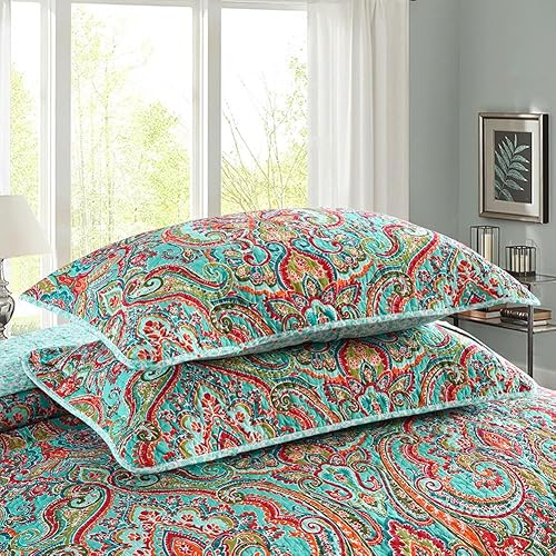 Vista 15 de NEWLAKE Juego de colcha de algodón, juego de colcha reversible de retazos, estampado real clásico turquesa, tamaño Queen Turquesa Clásico