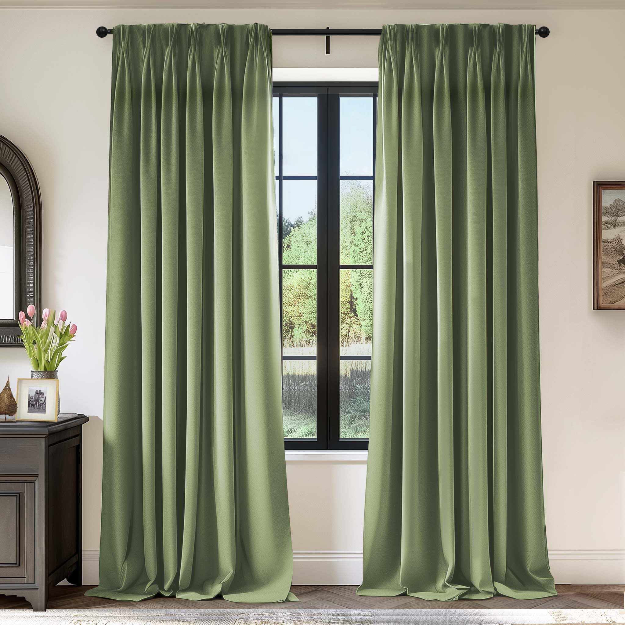 Lazzzy Green Velvet Curtains 108 Inch Length Blackout Pinch Pleated Room Darkening Drapes Luxury Back Tab Thermal Insulated Treatments for Bedroom Living Room 2 Panels, 52 x 108 Inch, Olive Sage — image 1