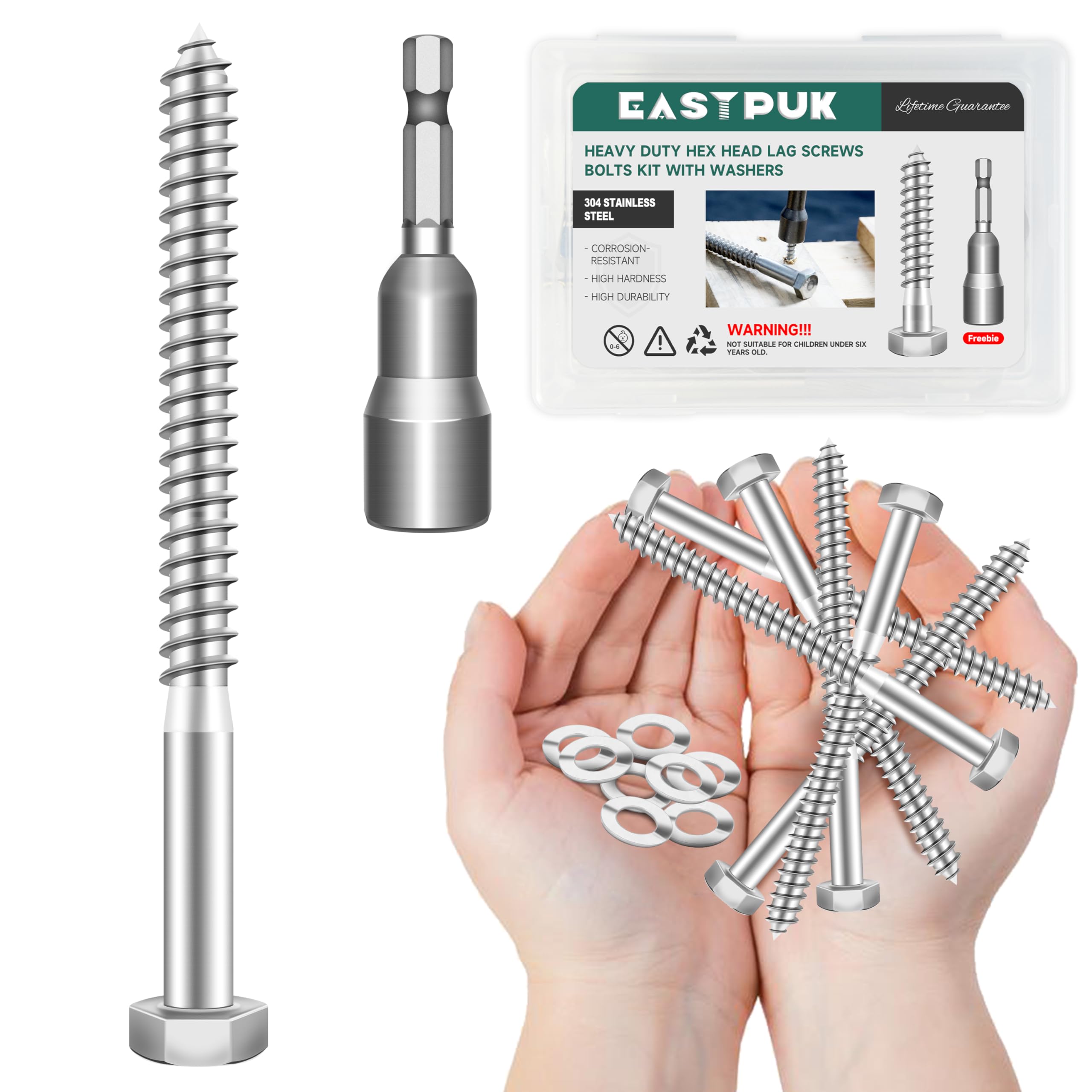 Stainless Steel Lag Screws - 8 Pack, 3/8" x 4" -14