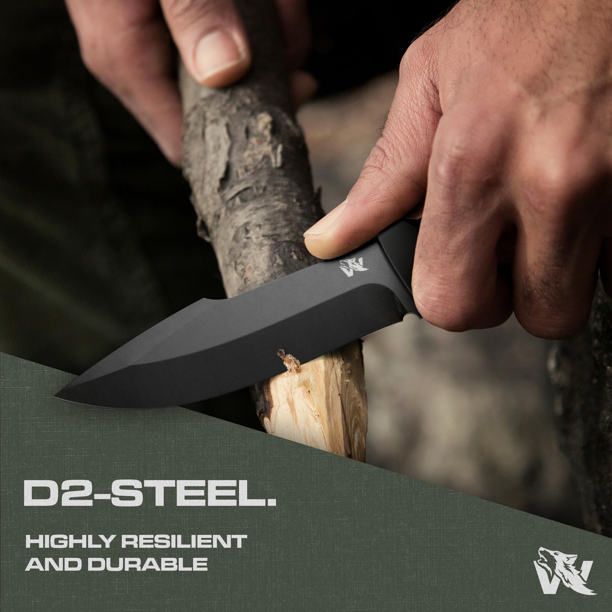 ODENWOLF WOLF-II Full Tang Survival Knife with Sheath and Multi Lok - Strong Tactical Fixed Blade - Made of D2 Steel - Bushcraft and Camping Knife - EDC Outdoor Knife with TPE Handle