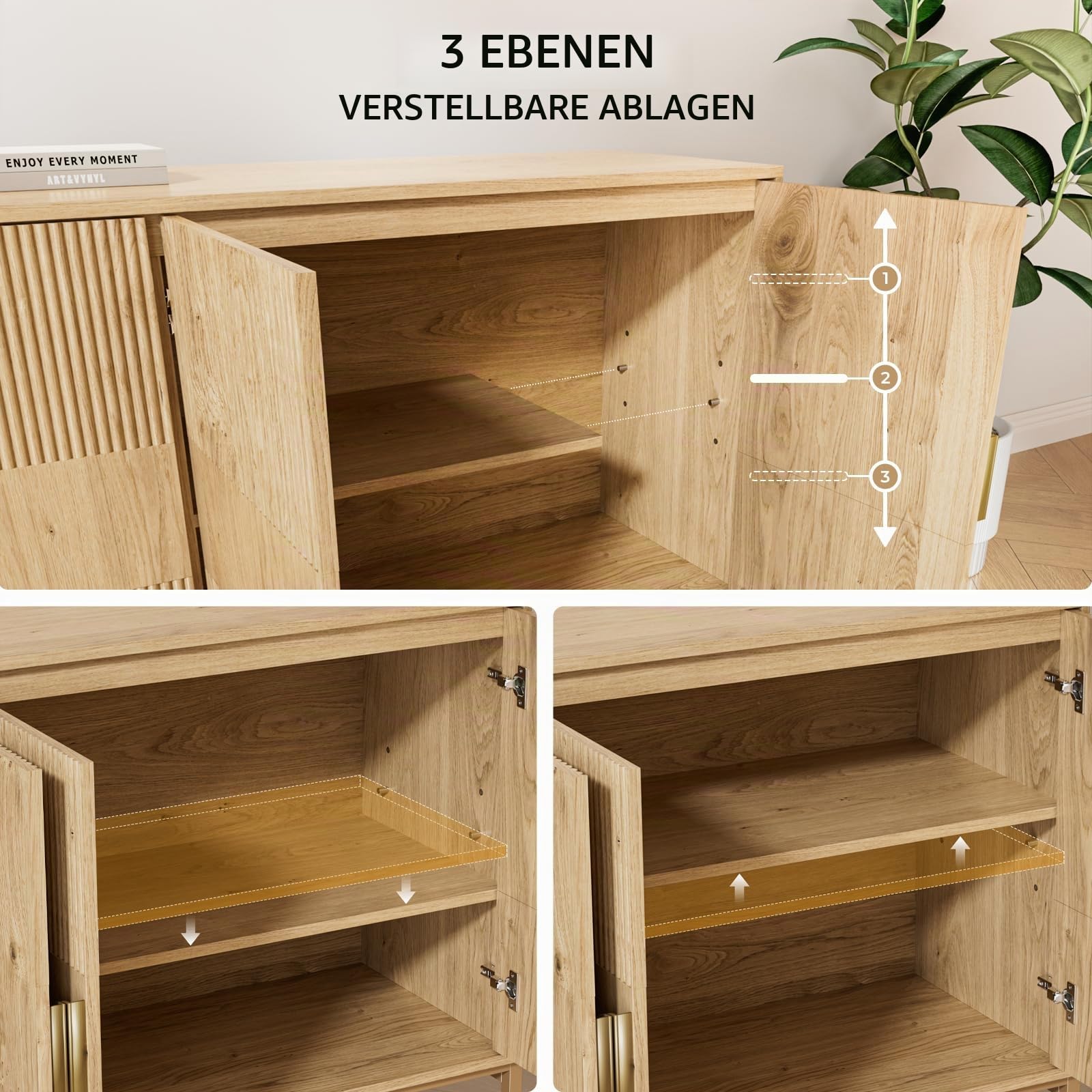 Geriffelter Buffetschrank mit Stauraum, Sideboardschrank mit 4 Türen und verstellbaren Regalen, Boho-Kaffeebar-Stationstisch, moderner Holzschrank für Küche, Wohnzimmer und Esszimmer
