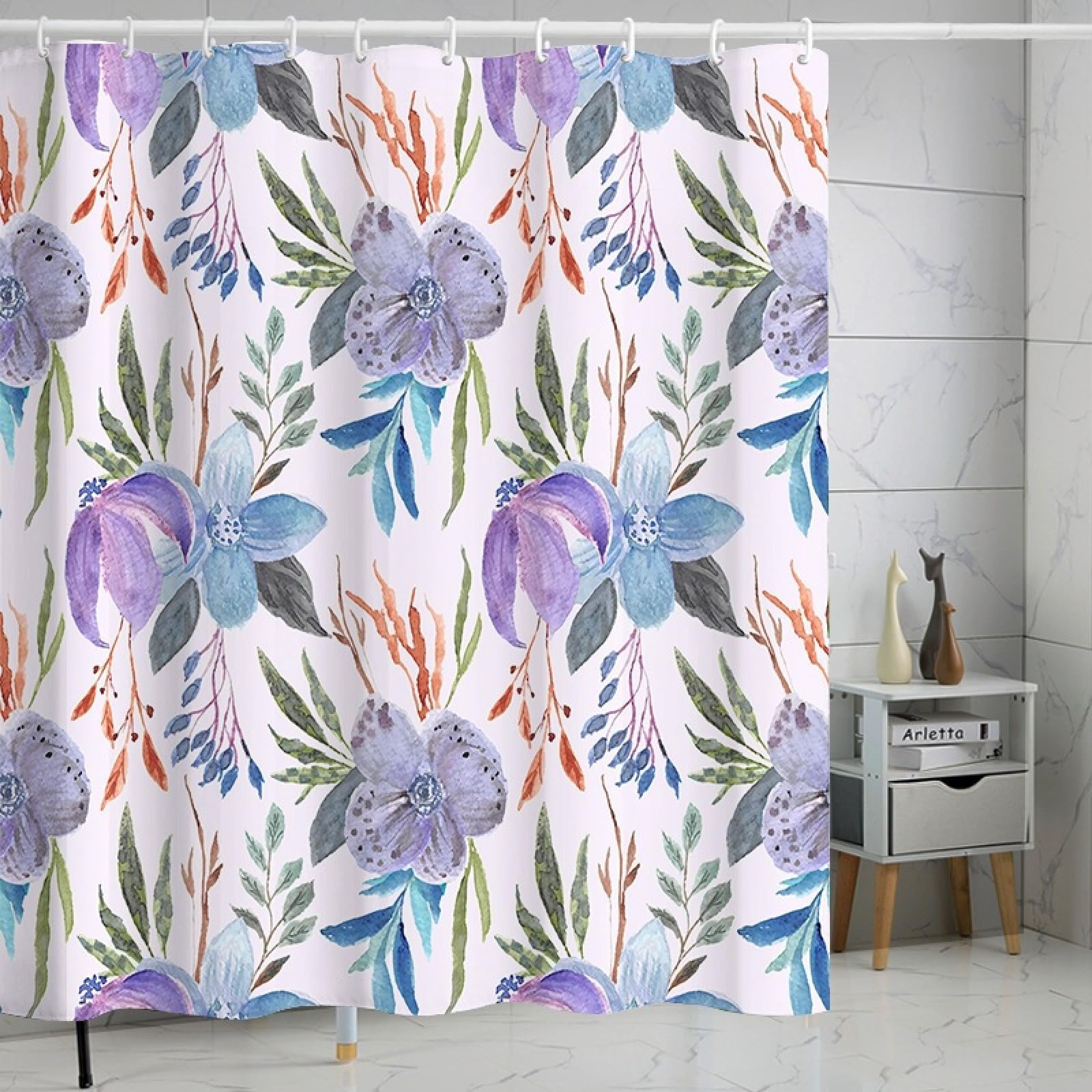 Shower Curtains Purple Blue Flower Wet Room Shower Curtain Mould Proof Resistant Waterproof Polyster Fabric Washable with 12 Hooks Garden Bathroom Curtains (180x200cm)