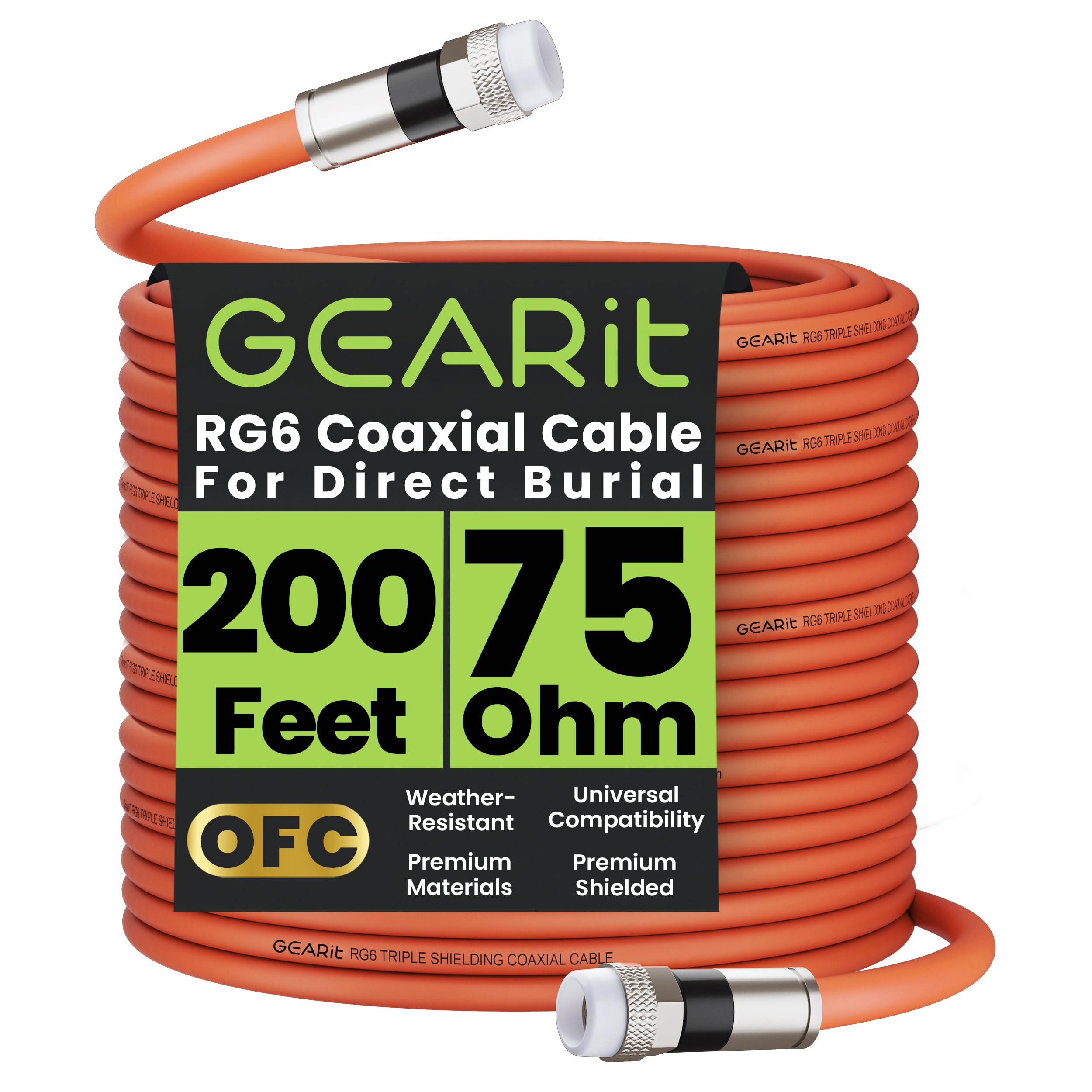 GEARit Coaxial Cable for Direct Burial (200ft) RG6 70 Ohm RF Waterproof Underground in-Wall with Rubber Boot, High-Speed Internet, Broadband, Digital TV Aerial, Satellite 200 Feet