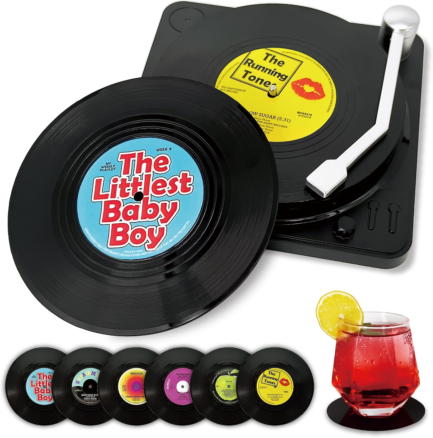 Funny Retro Vinyl Record Coasters, Creative Drink Coasters Set of 12 for Music Lovers, Housewarming Hostess Gifts, Birthday and White Elephant Gifts Ideas (V03)