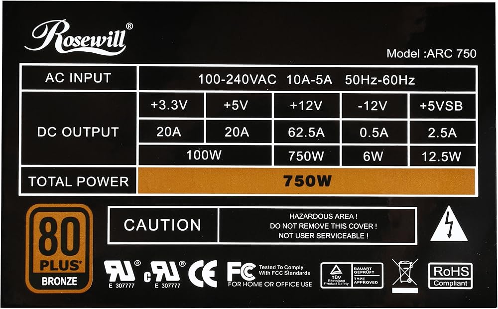 Rosewill Gaming Power Supply, Arc 750 Watt 80 Plus Bronze Certified PSU with Silent 120mm Fan and Auto Fan Speed Control thumbnail 5