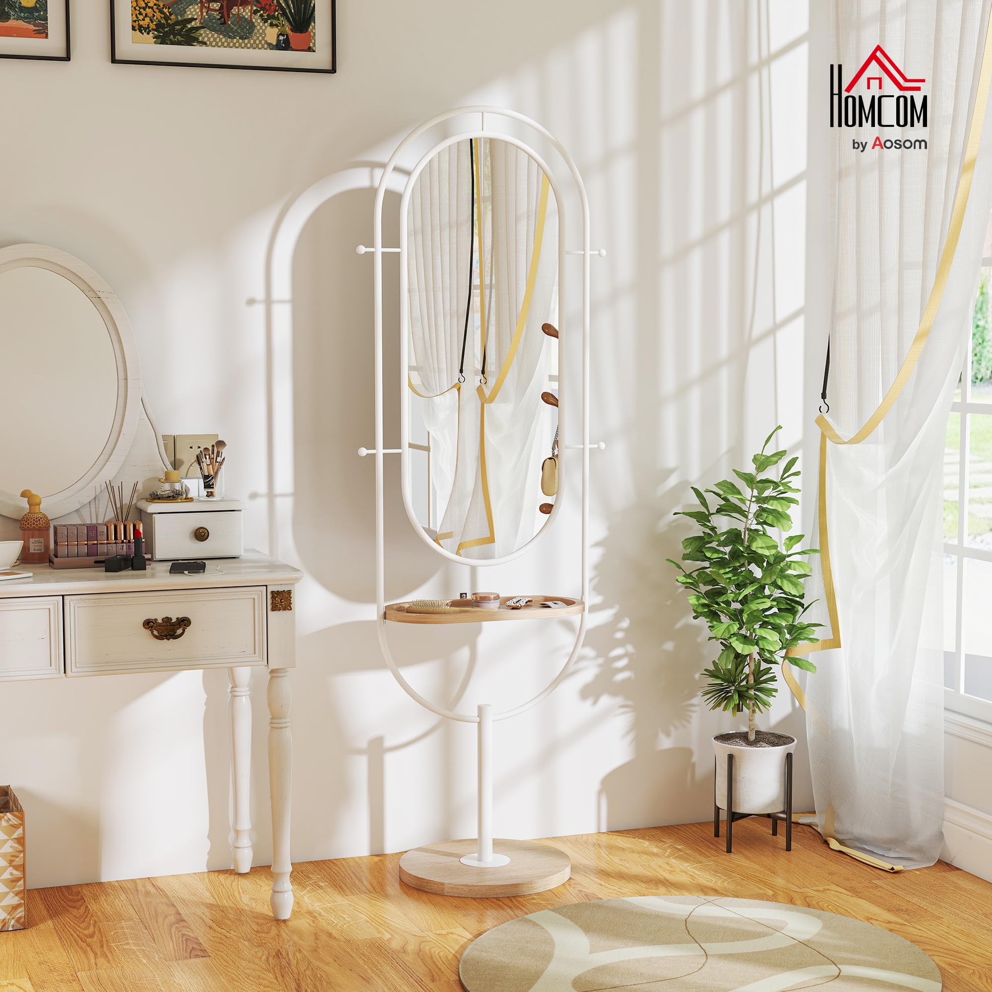 HOMCOM Specchio a pavimento con vassoio in legno 175.5x50cm, Bianco