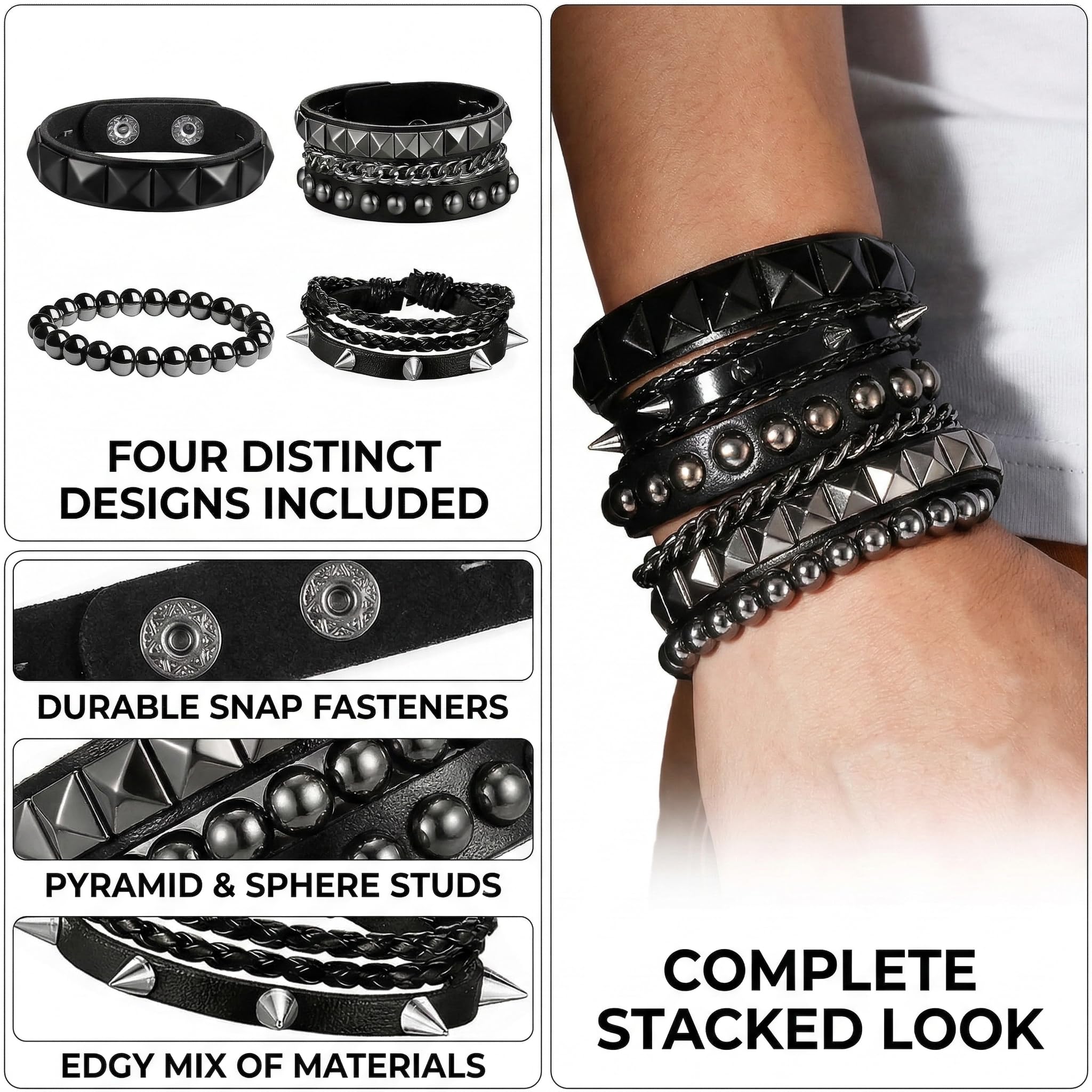 Set de Pulseras Punk Rock de Cuero para Hombres y Mujeres – 4 Pulseras Negras con Clavos Metálicos, Diseño Único para Fiestas y Regalos