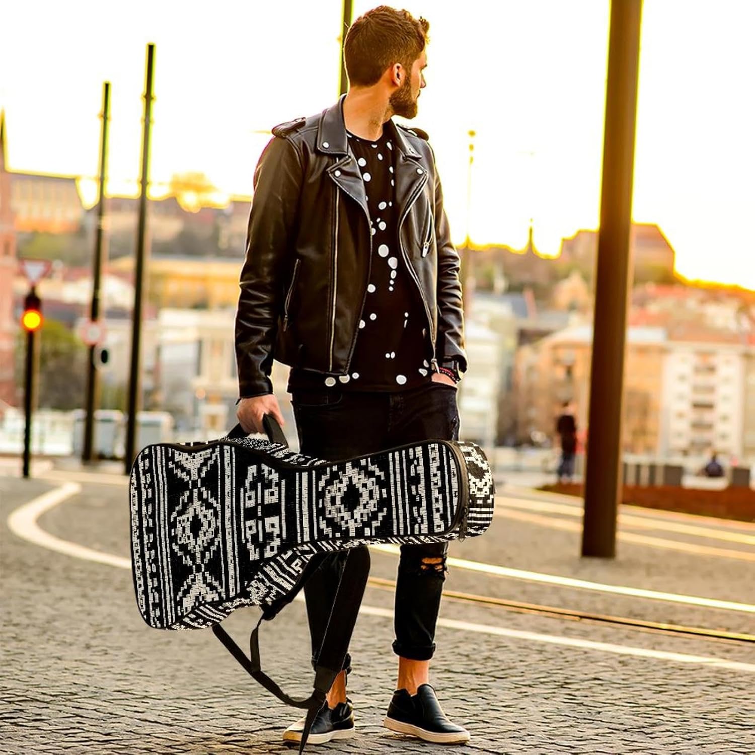 Black and White Tribal Geometric Pattern Acoustic Guitar Gig Bag, 1 cm Thick Padding Waterproof Guitar Bag Backpack for 40 41 42 Inch Electric Bass Classical Guitars