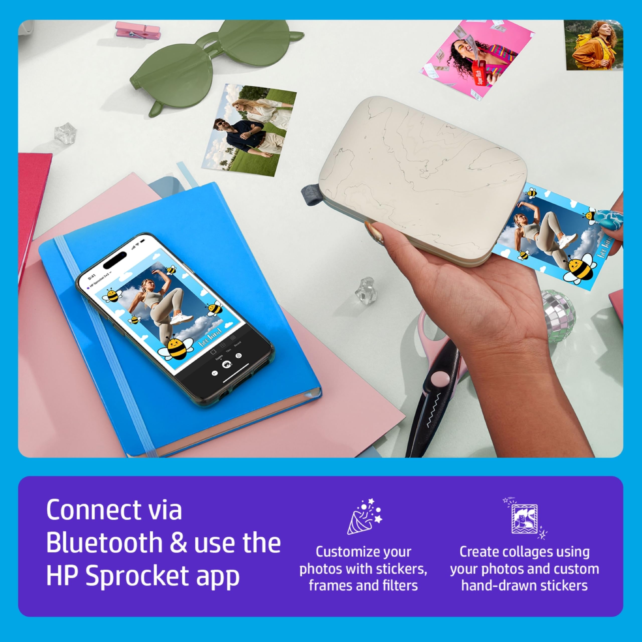 HP Sprocket Select Tragbarer Sofortbilddrucker mit 2,3 x 3,4 Zoll (Weiß) Set: Zink-Papier 20er Pack, Fotoalbum, Schere, Marker, Stickersets.