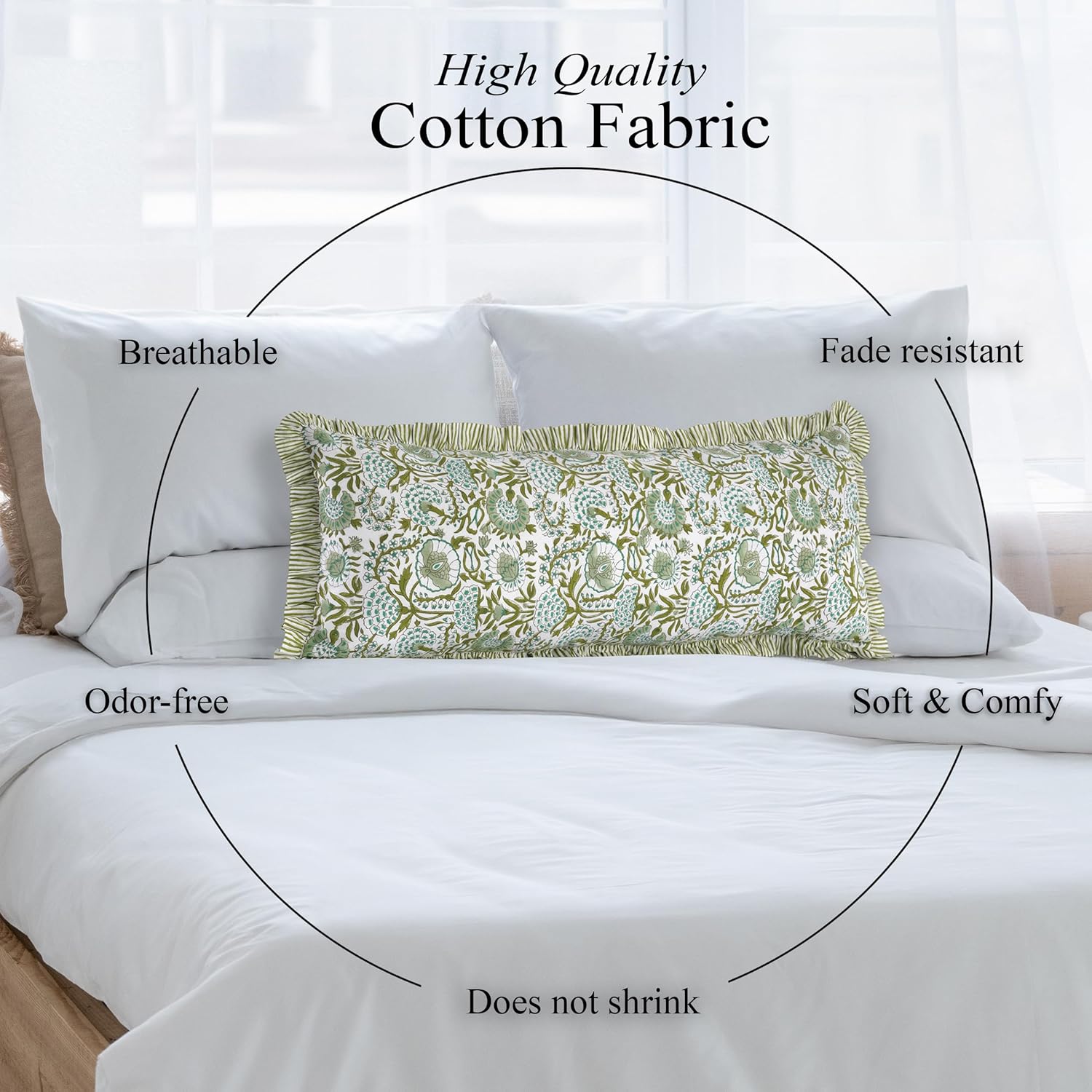 CPC Hand Block Print Agate Green Ruffle Sham Pillow Cover 36" x 14" inch Hidden Zipper Decorative Pillowcase for Couch, Bed, Sofa, Farmhouse, Cottagecore Decor Gift Spring, Mother's Day