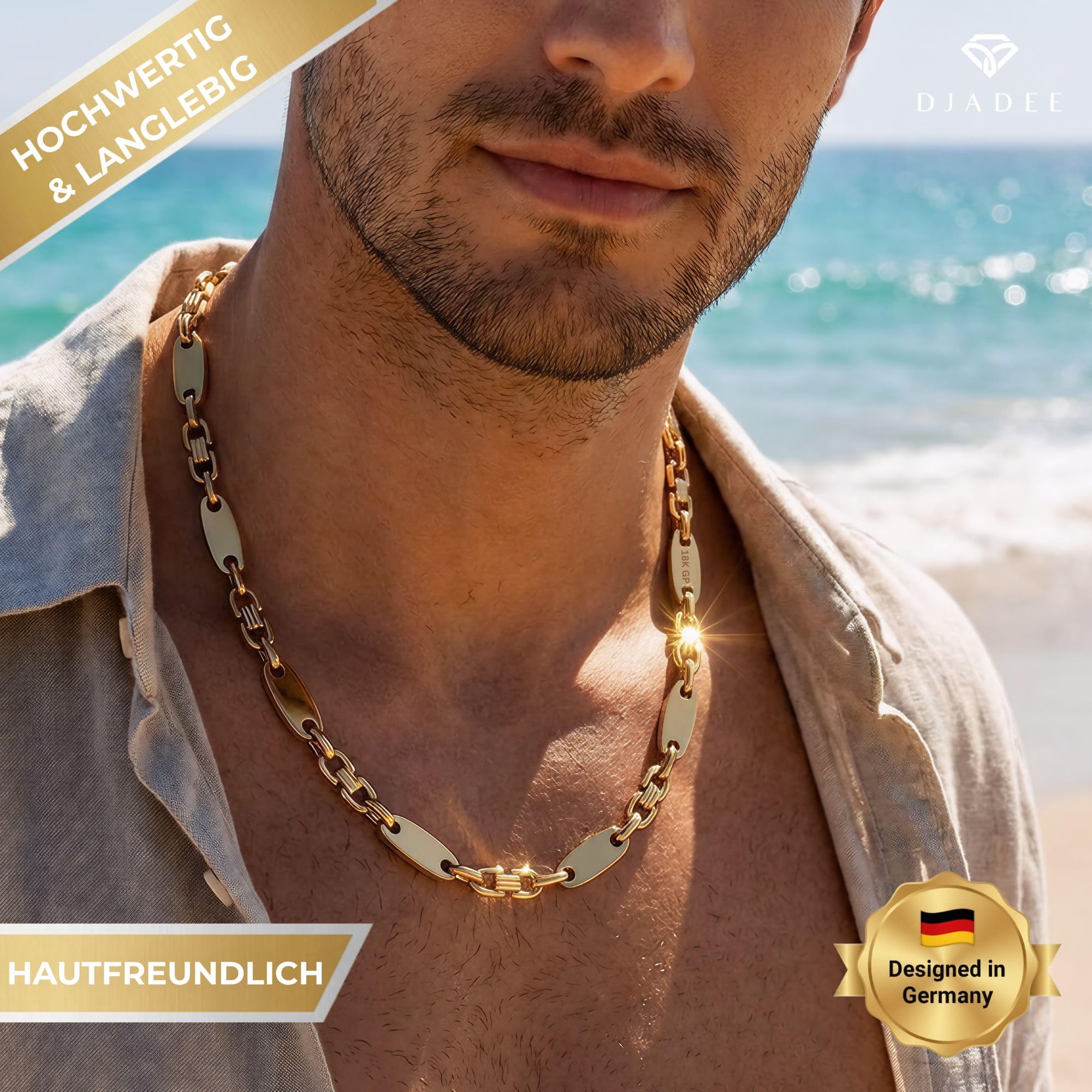 DJADEE Herren Kette Gold 750 vergoldet Premium Edelstahl 316L Plattenkette 5/8/10/12 mm Wasserfest Hypoallergen Hochglanzpoliert Geschenk für Männer Halskette Steigbügelkette 18 Karat gestempelt