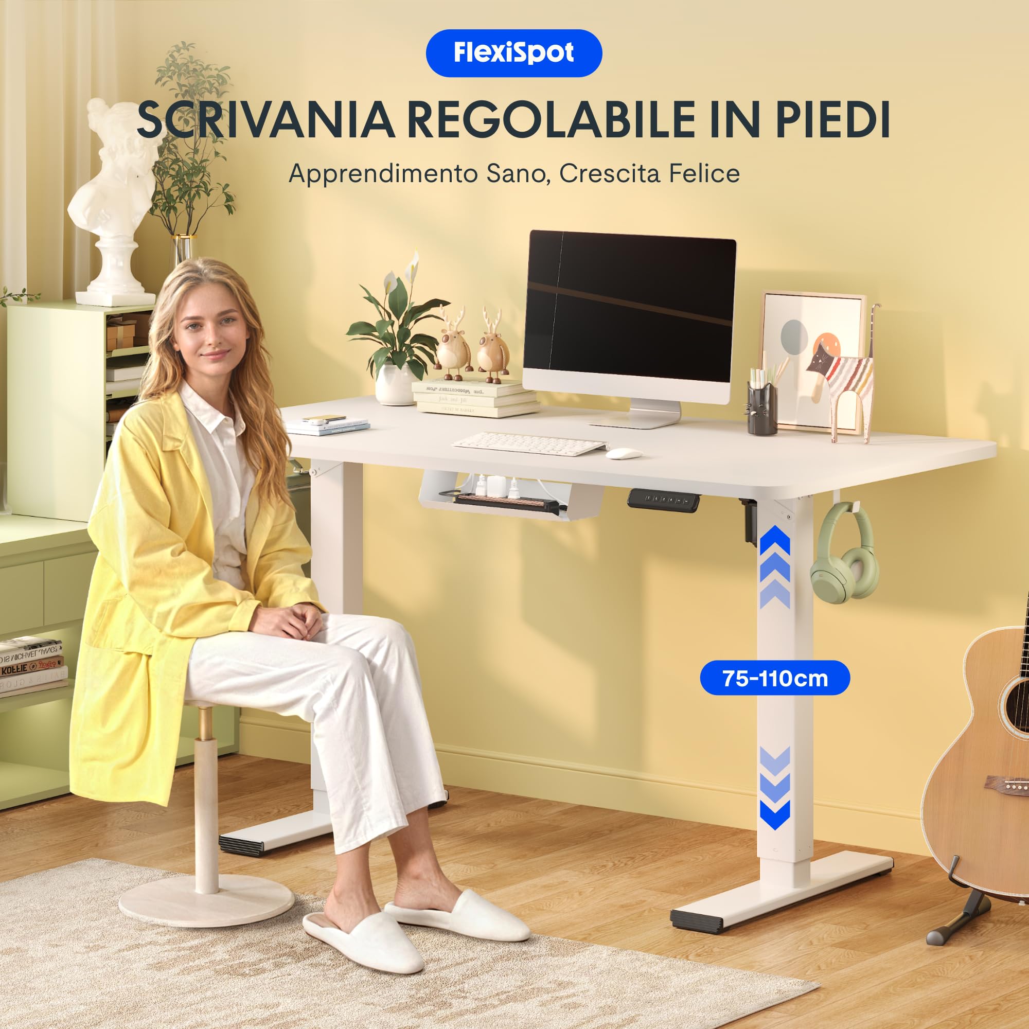 FLEXISPOT Scrivania Regolabile in Altezza 120x60 cm, Piano Unico FSC, 4 Memorie, Anticollisione con Ritorno Automatico, 2 Ganci, Portaoggetti e Gestione Cavi