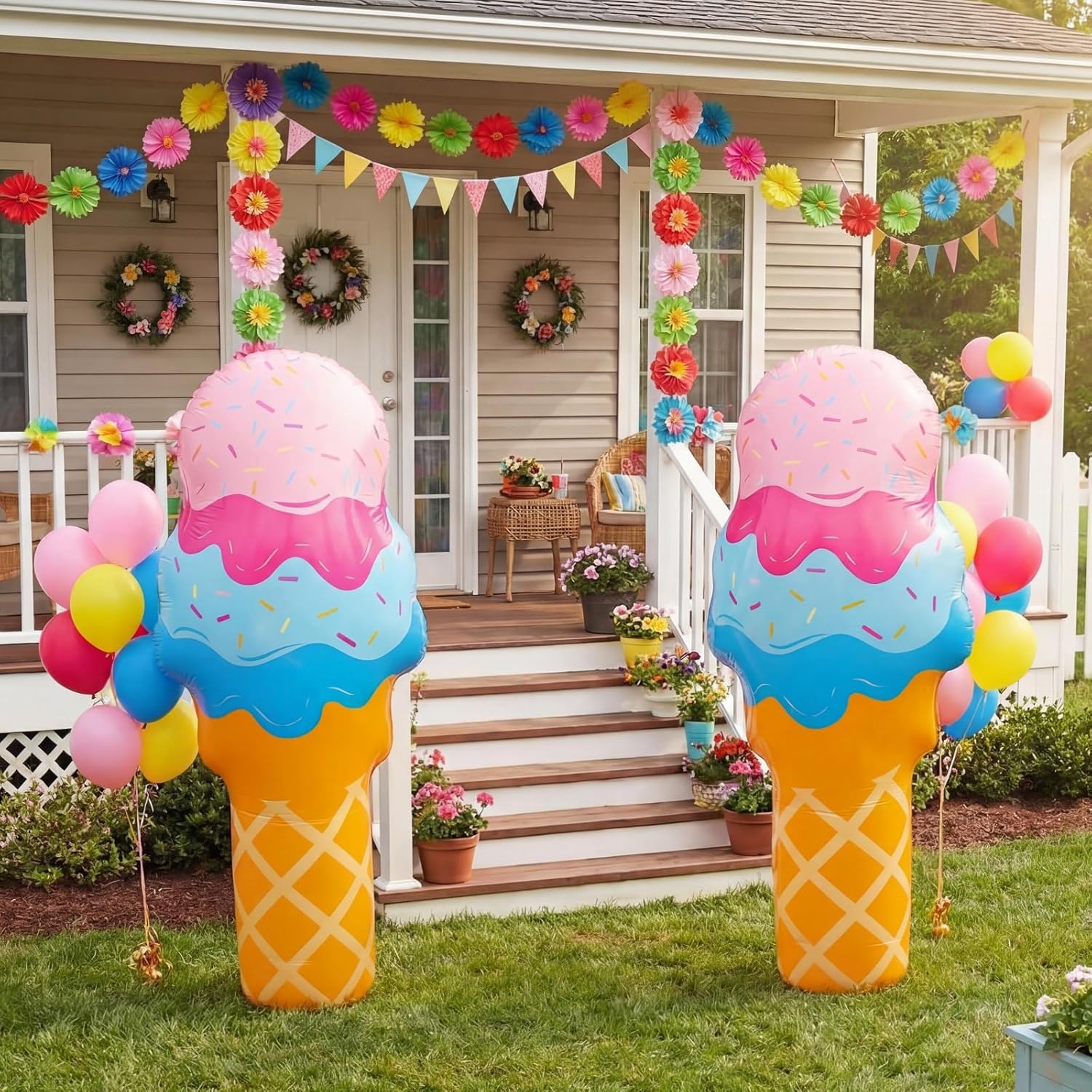 1 Pcs 80 Inch Giant Inflatable Ice Cream Cone Stand & Pool Floating Decor 2 in 1 for Party Decor, Stand-up Life Size Ice Cream Giant, PVC Blow up for Candy Party Summer Sweet Theme Shop Photo Prop