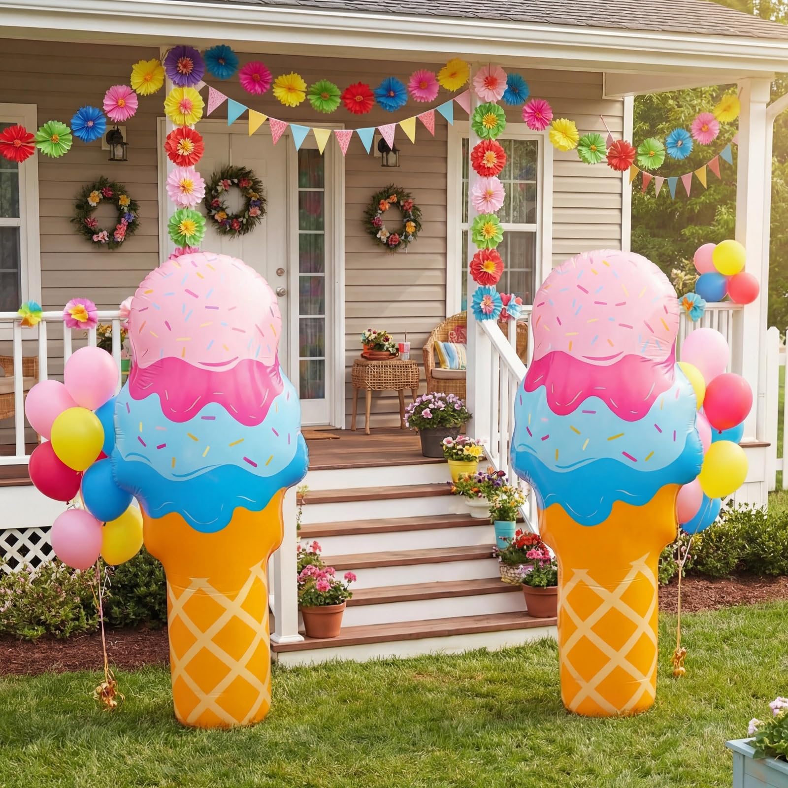 Photo 1 of 2 Pcs 80 Inch Giant Inflatable Ice Cream Cone Stand & Pool Floating Decor 2 in 1 for Party Decor, Stand-up Life Size Ice Cream Giant, PVC Blow up for Candy Party Summer Sweet Theme Shop Photo Prop