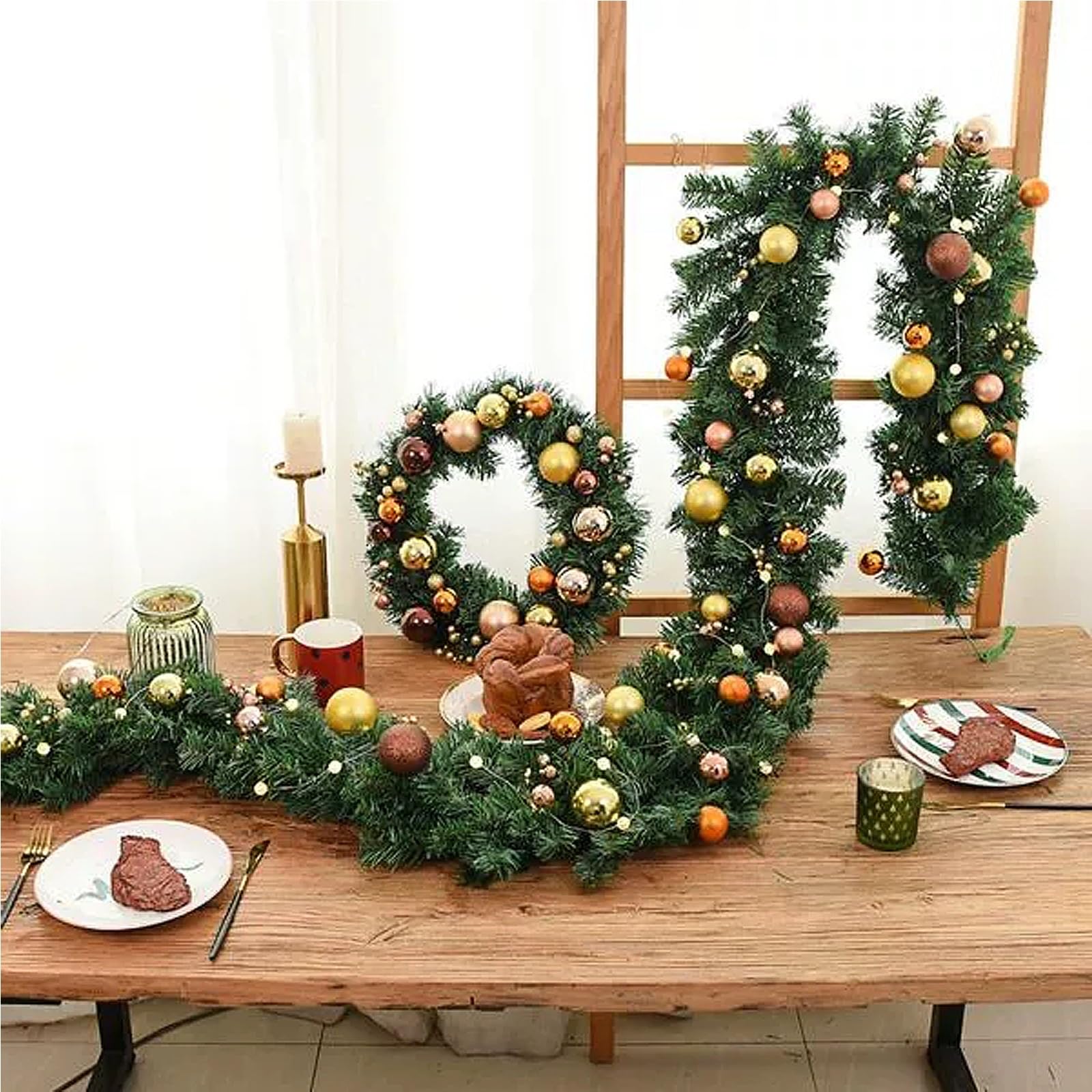 Coronas de Flores. Guirnalda de Navidad de 9 pies for barandilla de escaleras, Guirnalda de Tacto Real, Guirnalda de Pino Norfolk for escaleras, barandilla, Chimenea, Manto, Puerta Delantera, Porche,
