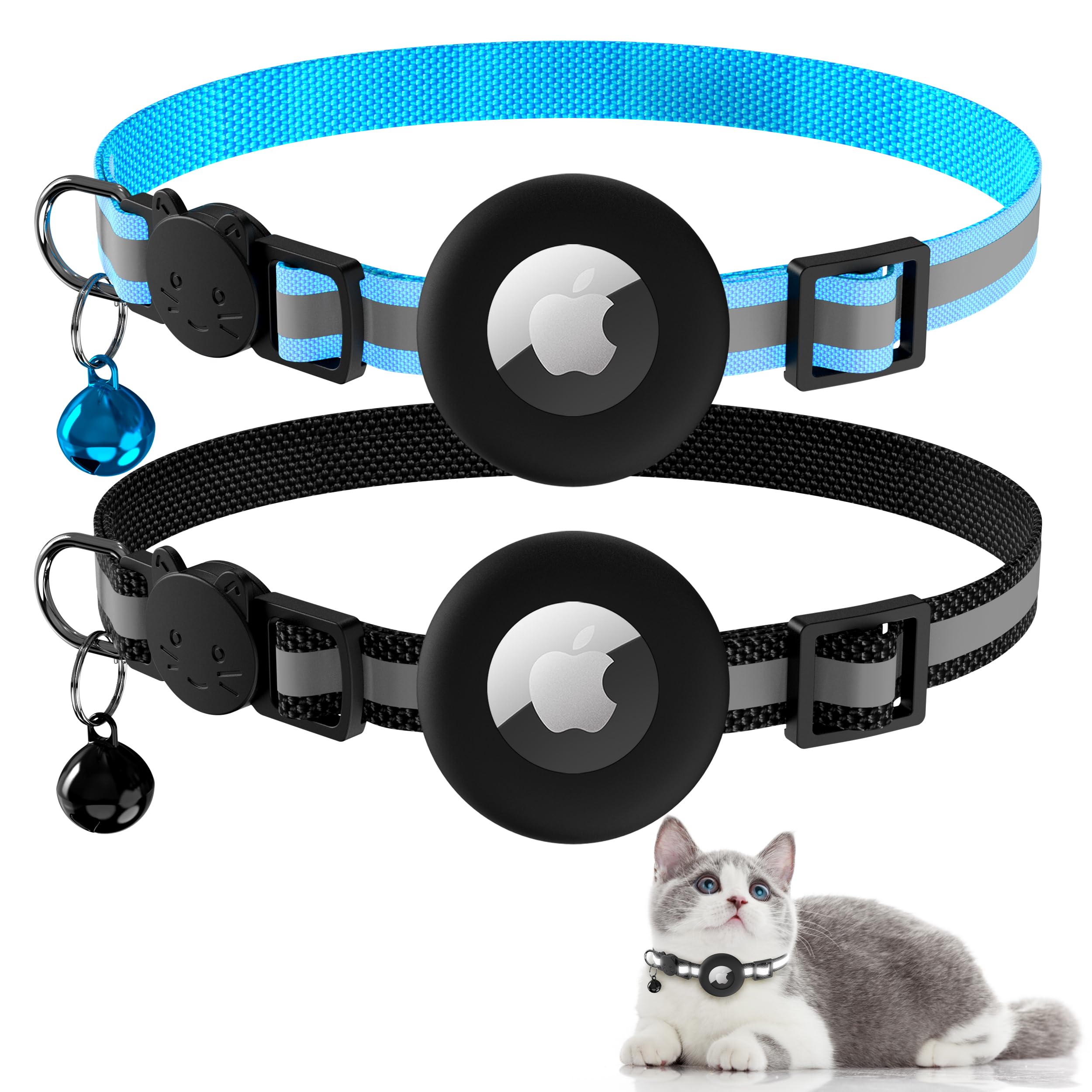 Vanjua 2 Pack Airtag Cat Collar Breakaway with Bell, Reflective Kitten Collar with Air Tag Cat Collar Holder Case for Girl Boy Cats, Pet Supplies Accessories (Black A+Blue A)