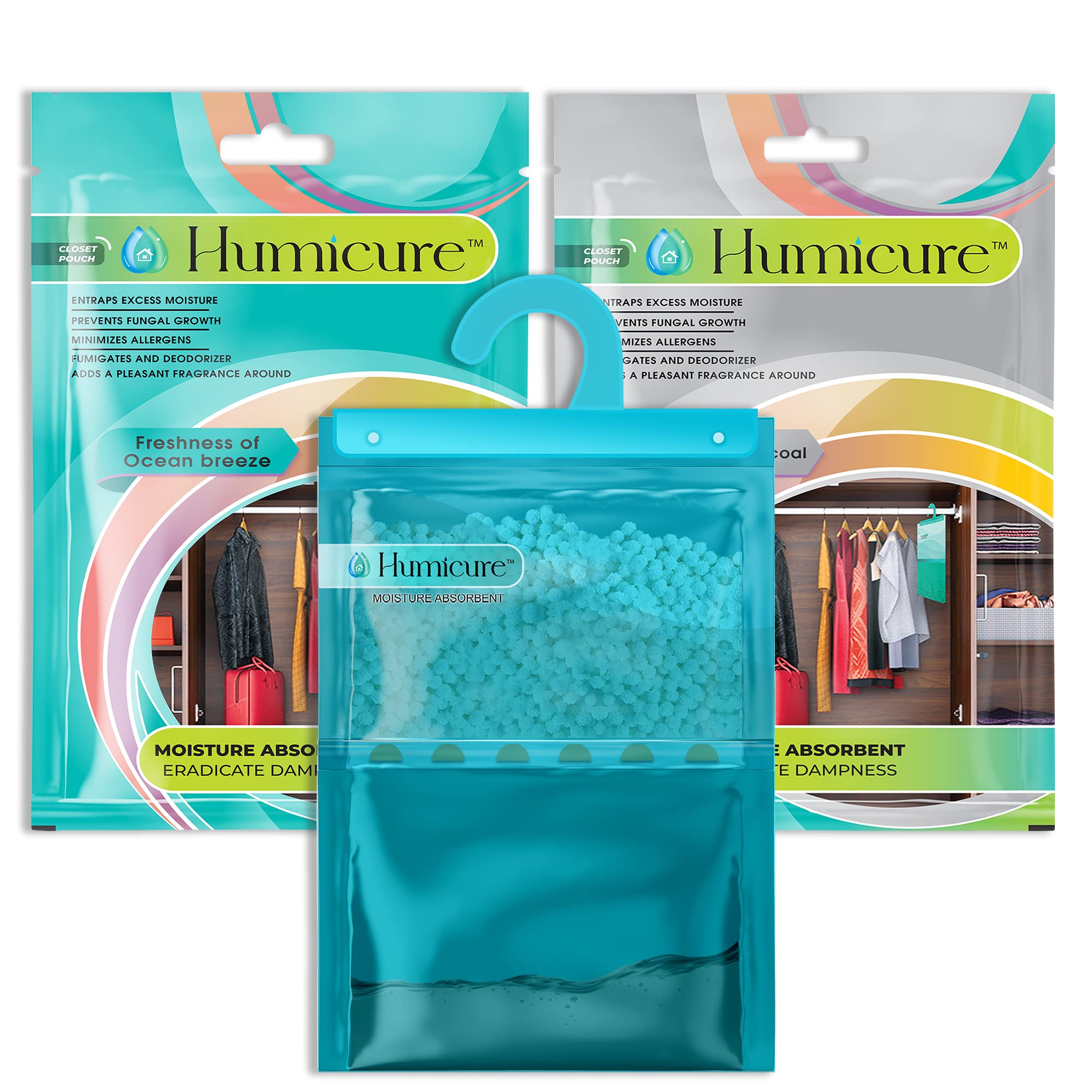 Humicure Moisture Absorber Dehumidifier Hanging Bags with 1 Litre Absorption Capacity for Wardrobe, Bathroom, Kitchen and Bedroom; Prevents Mould & Fungus (Pack of 2, 400gram each, Charcoal & Ocean)