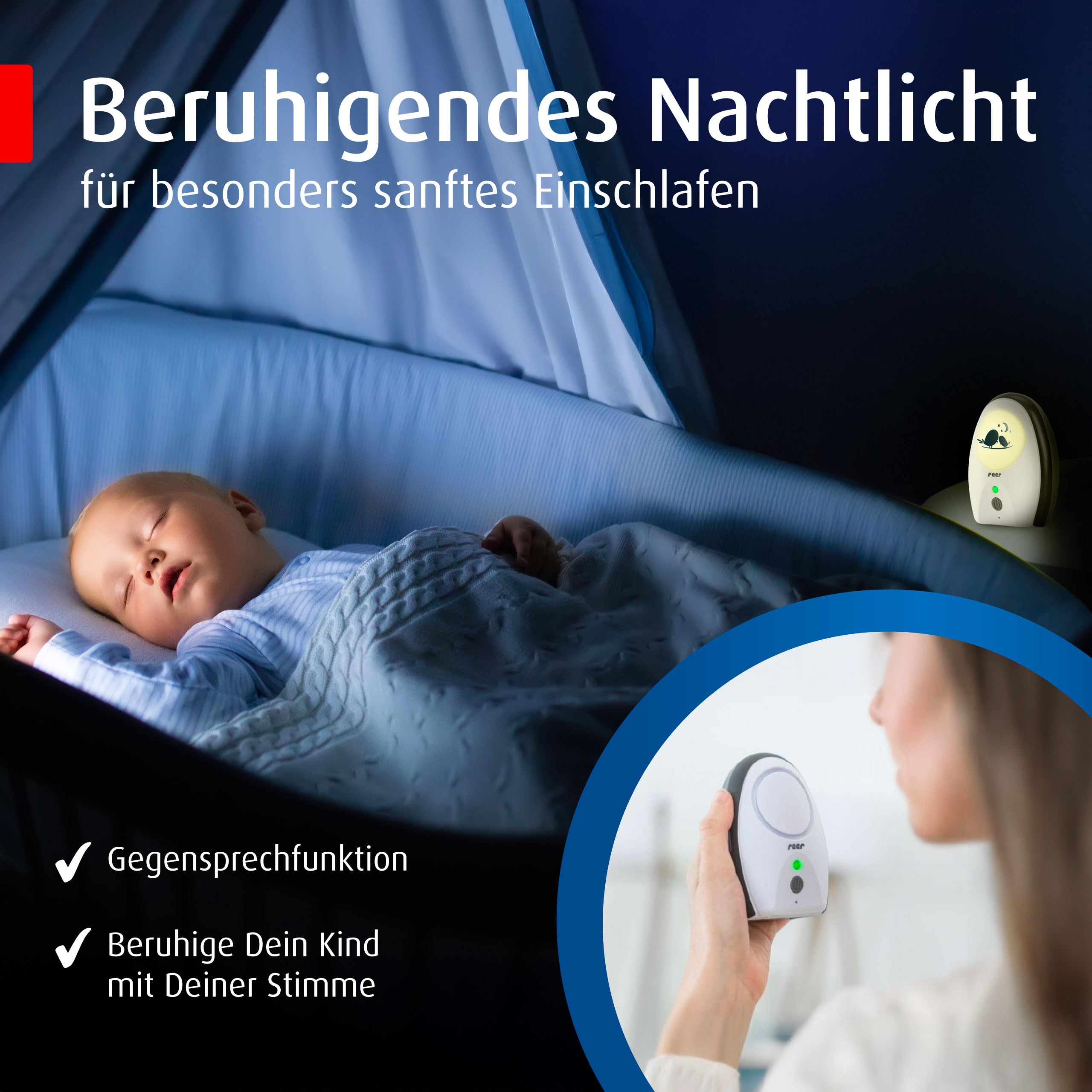 reer Rigi Digital Babyphone | 300 m Reichweite | Mit Nachtlicht und Gegensprechfunktion | VOX-Funktion | FHSS-Technologie | Akku- oder Netzbetrieb | Qualität vom Erfinder