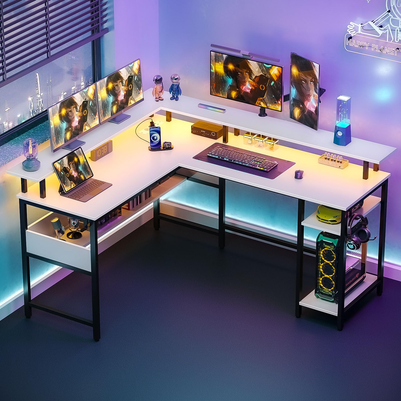 Rolanstar Gaming Schreibtisch L Form mit LED & Steckdosen, Gaming Tisch mit Monitorständer & Ablagefläche, Eckschreibtisch mit 2 Haken, Reversibler Computertisch Groß für Büro(weiß, 137 x 108cm)