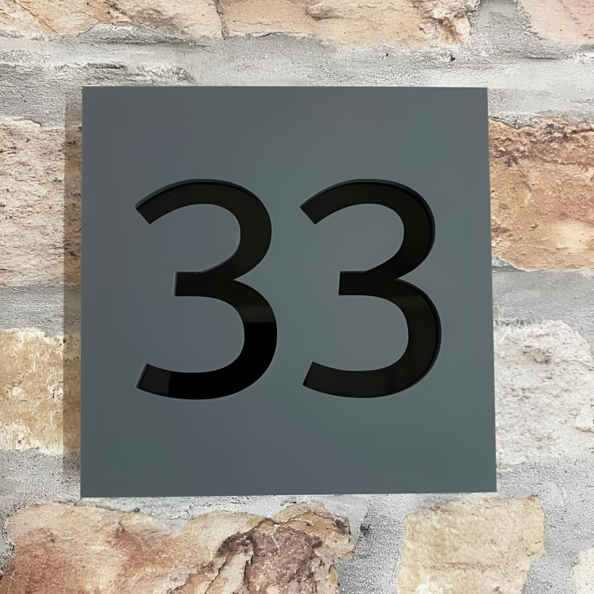 One of a Kind Design UK Personalized Floating House Number Sign Contemporary UV Printed Address Plaque Stainless Steel Mounts Weather Resistant & UV Stable Modern Custom Home Sign - Grey