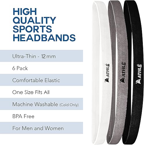 Vista 34 de Athlé - Diademas delgadas para mujeres y hombres, paquete de 6, diademas elásticas para mujeres y hombres, agarre de silicona antideslizante