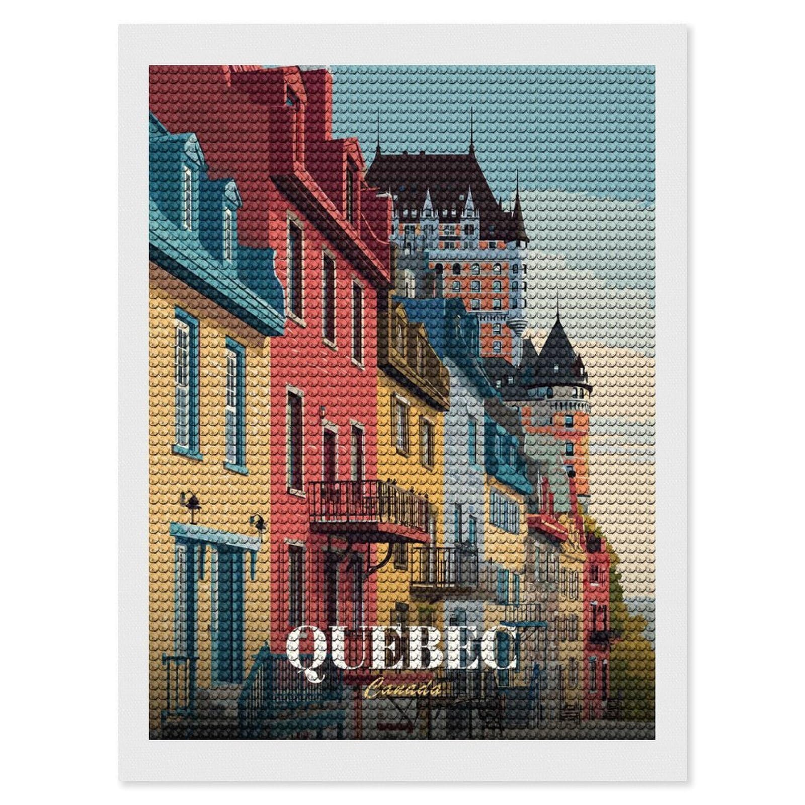 Junmoney Quebec Cityscape Illustration Diamond Painting Set 12"x16", Sparkling Round Gems, Decorate Your Room, Fun Craft Experience, Modern Decor