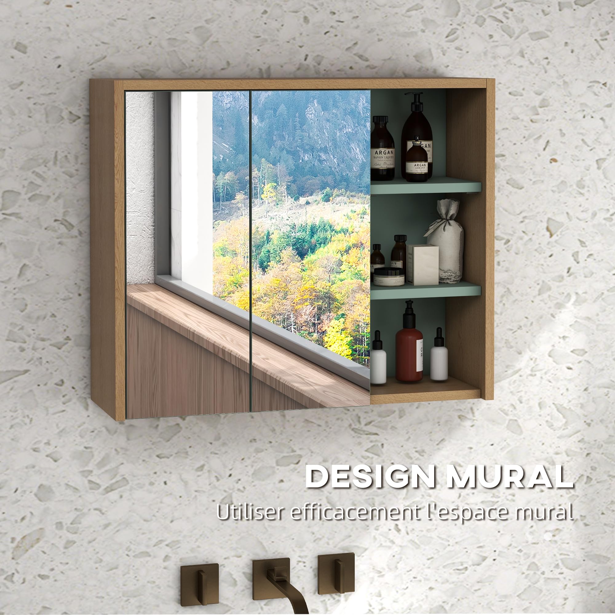 kleankin Ensemble de Meubles de Salle de Bain Armoire Miroir Salle de Bain + Meuble sous lavabo Suspendu avec étagères réglables 2 tiroirs Design scandinave Vert