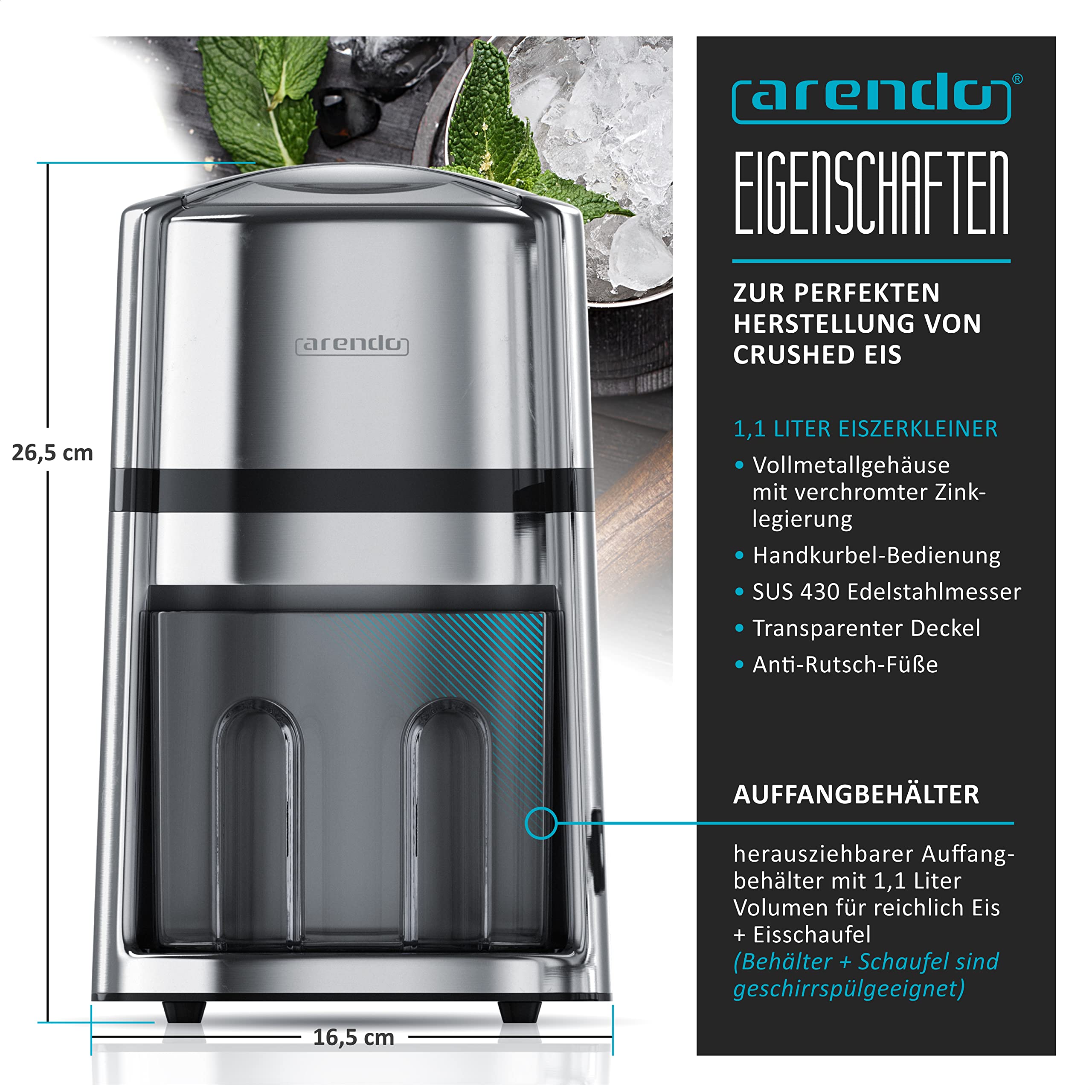 Arendo - Eismaschine Edelstahl - Ice Crusher manuell – Eiszerkleinerer – Eiscrusher zum Kühlen und Frischhalten – Slushy Maker Eis Zerkleinerer – Auffangbehälter entnehmbar – Chrom Optik