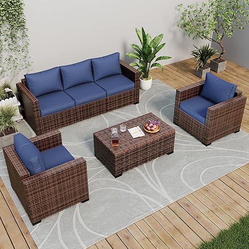 Amopatio Patio Furniture Set 6 Pieces Outdoor Sectional Furniture, Wicker Patio Sectional Sofa Rattan Couch with Storage Coffee Table, Outdoor Conversation Sets for Yard Garden Backyard (Blue)