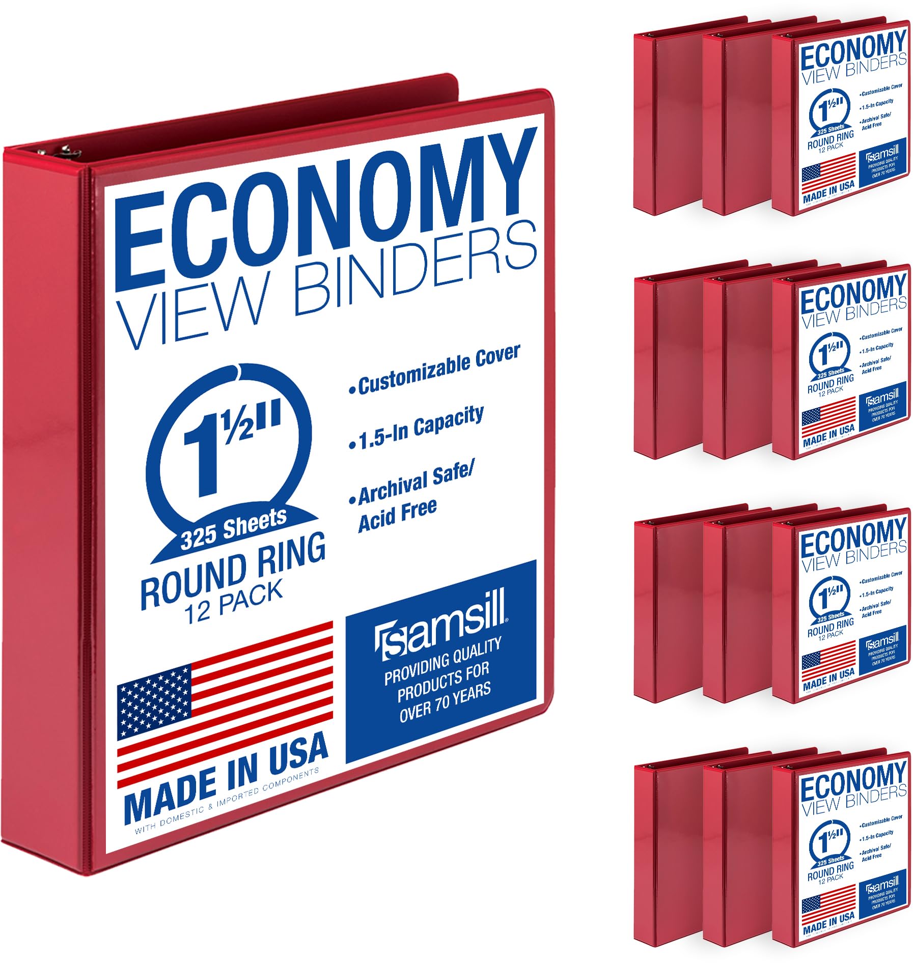 Samsill 1.5 Inch 3 Ring Binders, Made in USA, Economy Round Ring, Clear View Cover, 325 Sheet Capacity - for School, Home, Office - Red, 12 Pack