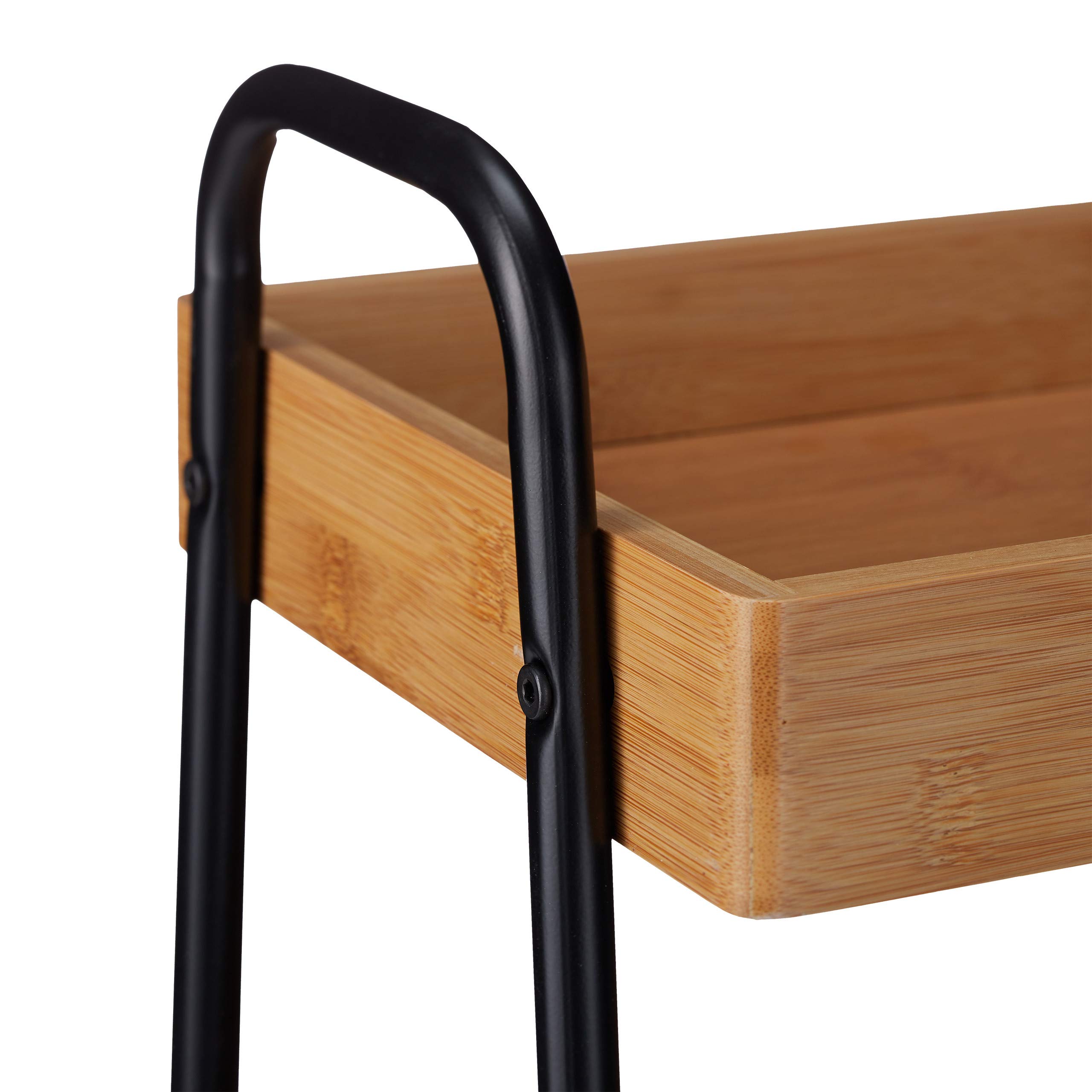 Relaxdays Servierwagen Bambus, 3 Ablagen, 360° drehbare Rollen, mit Griffen, Stahlgestell, HBT 70x49x28cm, Natur/schwarz