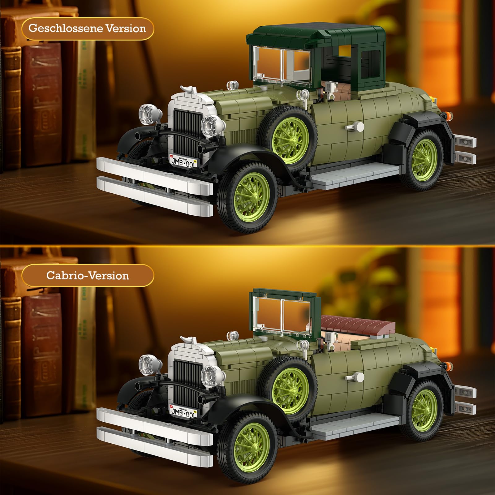 JMBricklayer Retro Auto Modellbau für Erwachsene mit Licht, 50001 Vintage Modellauto Bausätze, Oldtimer Car Sammler Ausstellungsset Dekorationen, Bausteine Geschenke für Fans Klassischer Fahrzeuge
