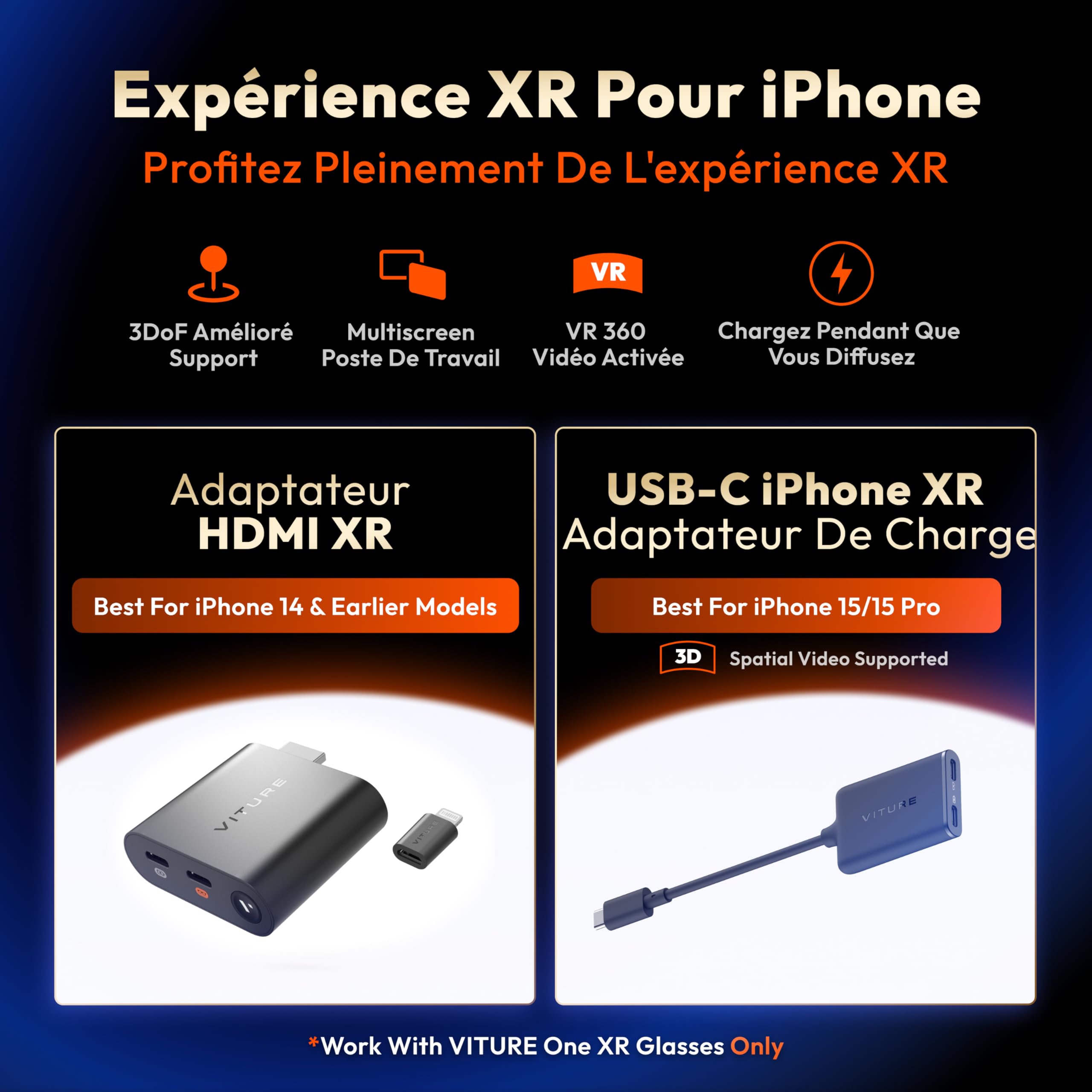 VITURE Adaptateur HDMI XR pour iPhone 14 et modèles antérieurs, activant les vidéos multi-écran/3DoF/VR améliorées, autonomie de 2,8 heures, charge pendant la lecture, lecture directe sur les consoles