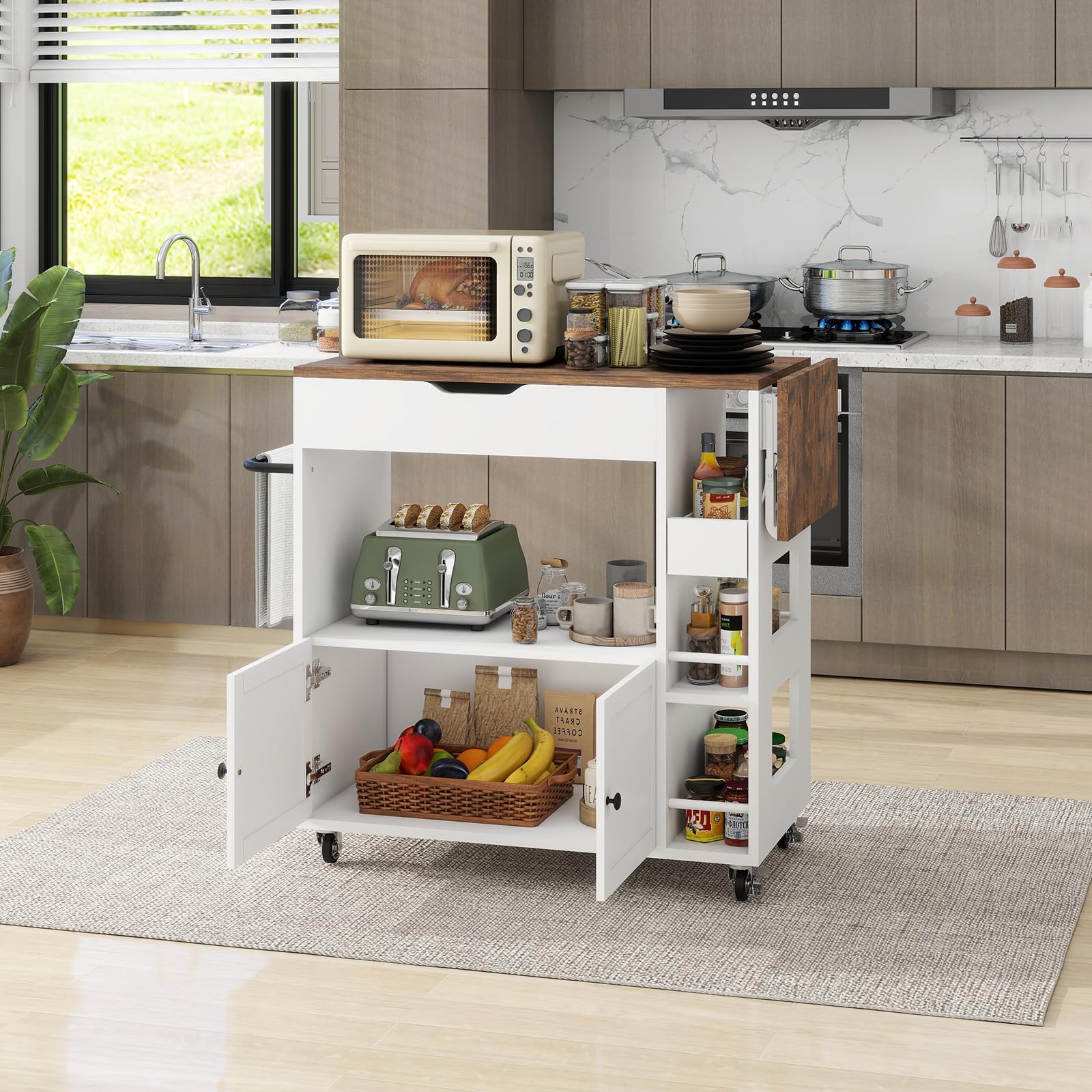 YU YUSING Isola Cucina con Piano Ribaltabile, Carrello da Cucina Salvaspazio con 4 Ruote, Mobile Cucina con 4 Ripiani, Mobile Microonde, Credenza Cucina, Manico in Ferro, Cassetto, 104x40x89cm, Bianco