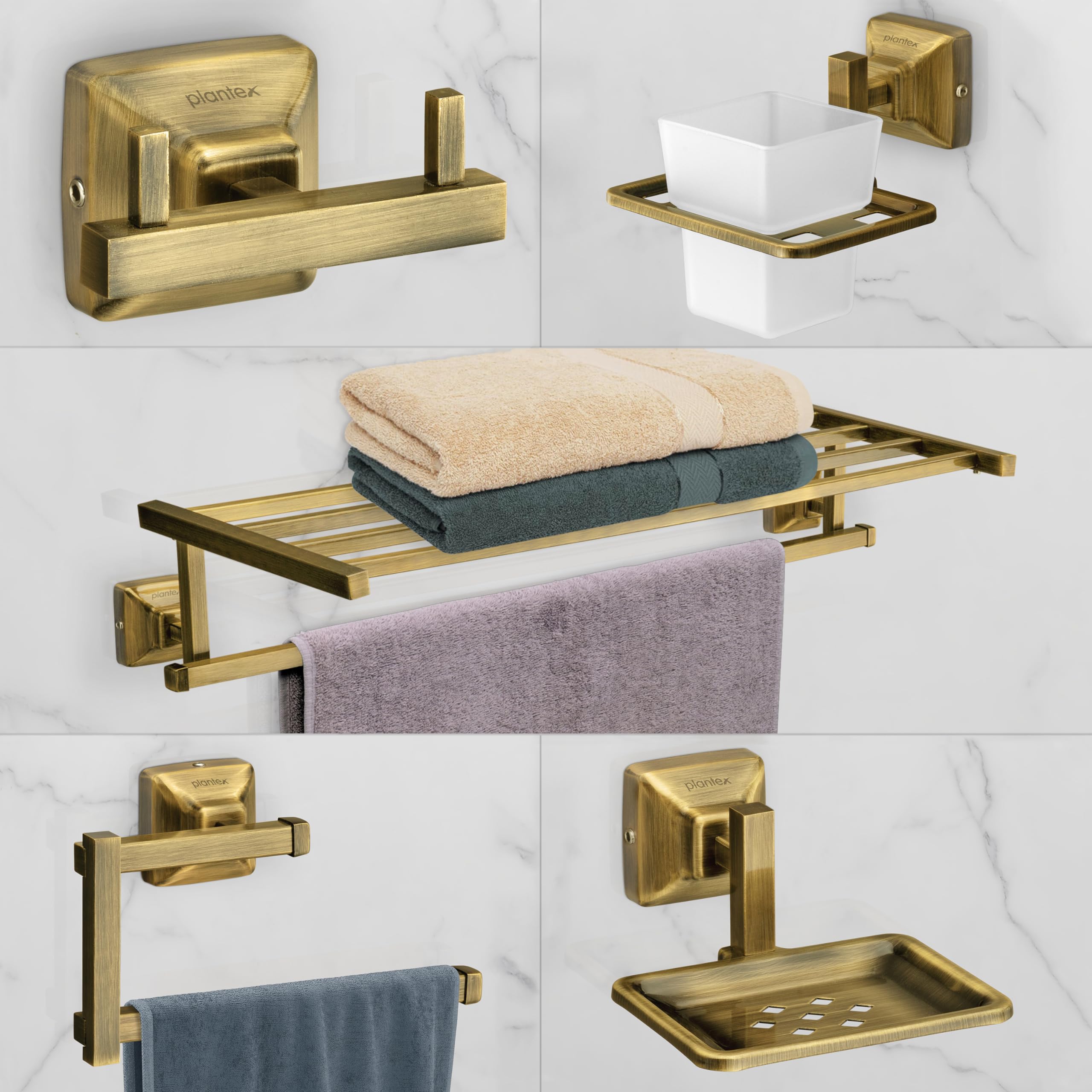 Plantex 304 Grade Stainless Steel Bathroom Accessories Set of 5 - Towel Stand/Napking Holder/Soap Holder/Toothbrush Holder/Robe Hanger - Squaro (Brass Antique) (B0CJFT1JHC) Amazon Price History, Amazon Price Tracker