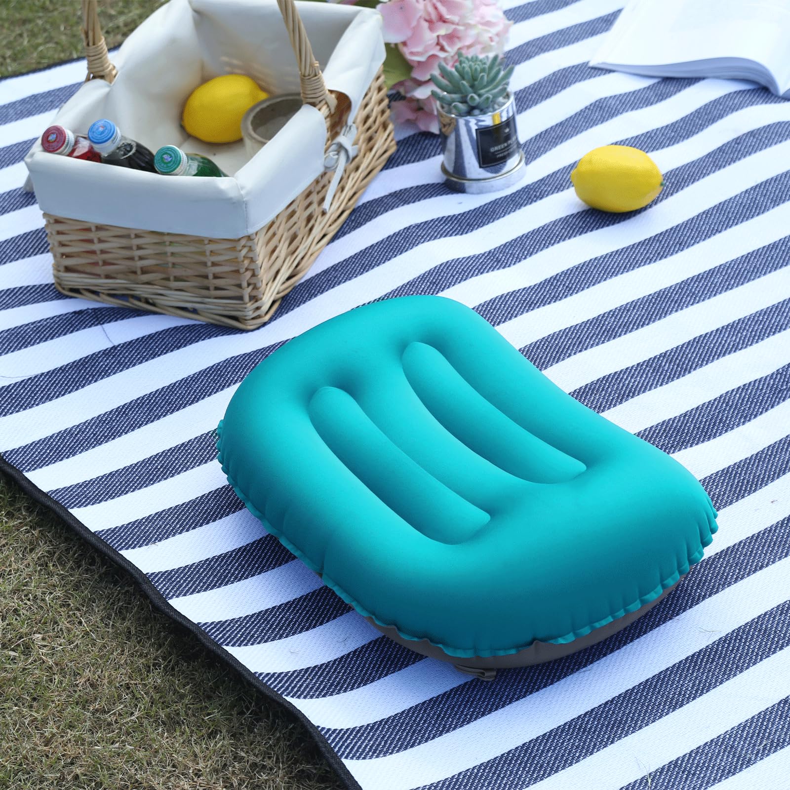 2er Set Aufblasbare Camping Kissen Strandkissen 80g Ultraleicht Reisekissen Tragbare für Büro, Auto 46x30 cm (Pfauenblau)