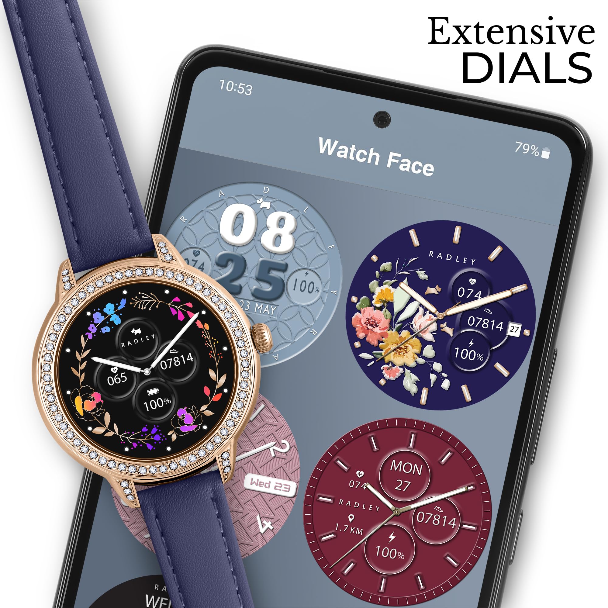 RADLEY Seria 33 Amoled HD Smart Watch dla kobiet z ponad 100 trybami sportowymi, tętnem, licznikiem kroków, IP68, monitorem aktywności, monitorowaniem snu i niebieskim skórzanym paskiem do iOS,