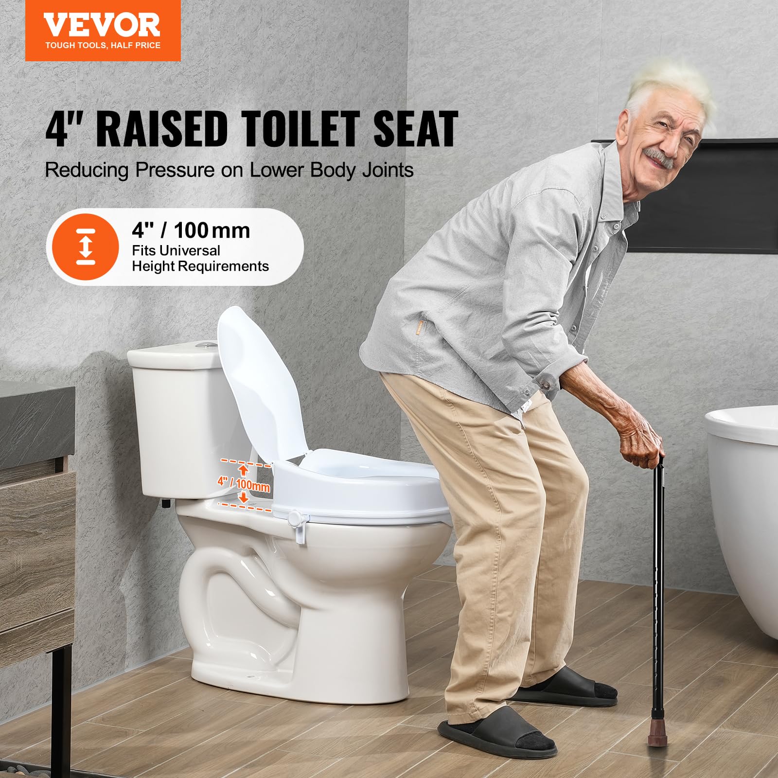 VEVOR Toilettensitzerhöhung Erhöhter Toilettensitz, 10 cm, 136 kg Tragkraft, Universelle Toilettensitzerhöhung, Schraubstangenverriegelung, mit Toilettensitz, für Behinderte, Patienten, Schwangere