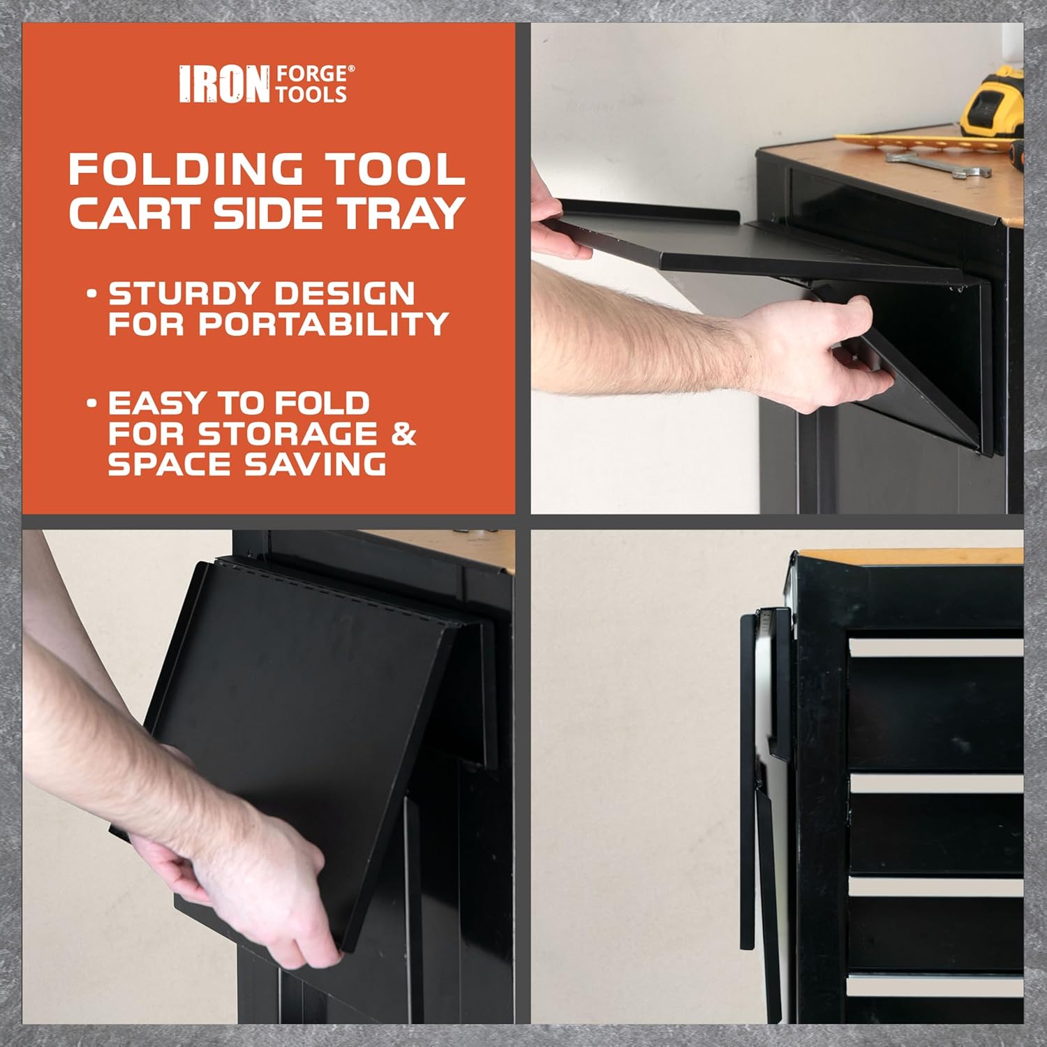 Iron Forge Tools Universal Tool Box Side Cabinet Shelf - 16x12 in. Folding Tool Cart Accessories Side Tray, Toolbox Accessories for Major Brands - Black Powder-Coated Steel, Includes Mounting Hardware