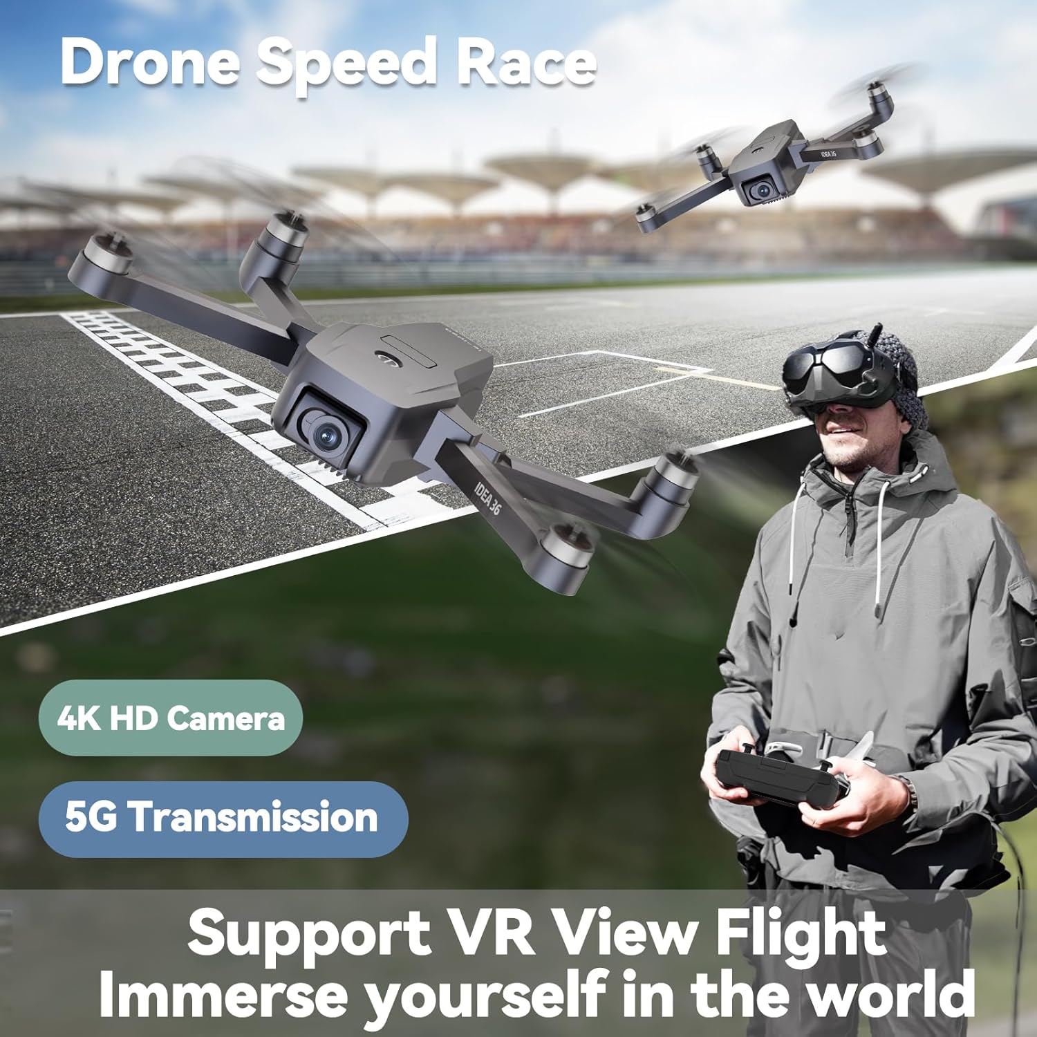 TTROARDS TT36 Drone in flight with VR goggles user