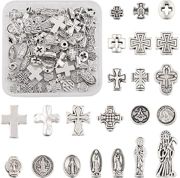 Beadthoven 88pcs Mix Tibetan Cross Beads, 22 Styles Antique Silver Cross Spacer Our Lady Virgin Mary Jesus Crucifix Miraculous Medals Beads for DIY Catholic Jewelry Rosary Making Necklace Crafts